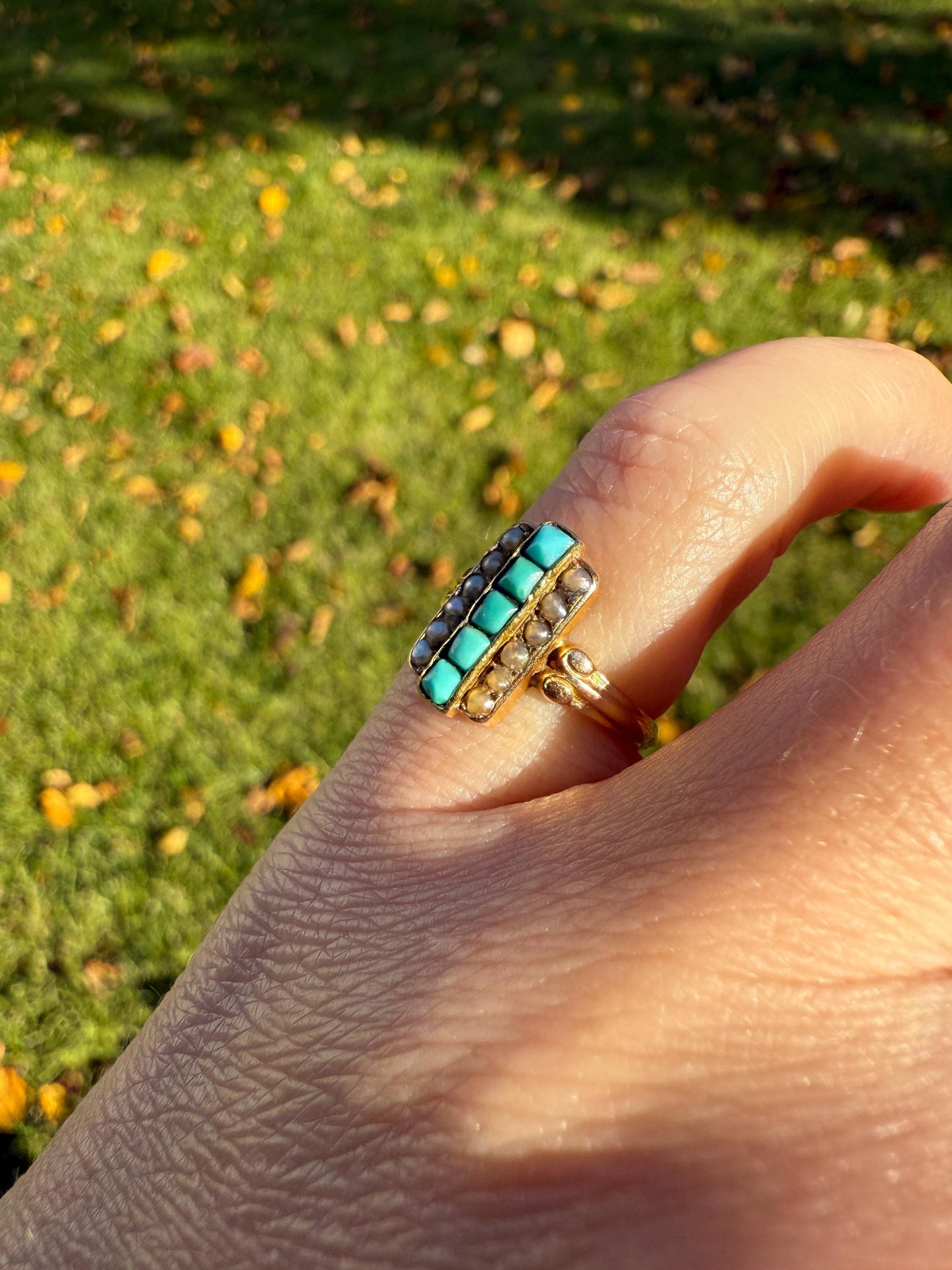 Antique 18k Gold French Turquoise Seed Pearl Linear Pinky Midi Ring Victorian Era Baby Child's Geometric Blue Dainty