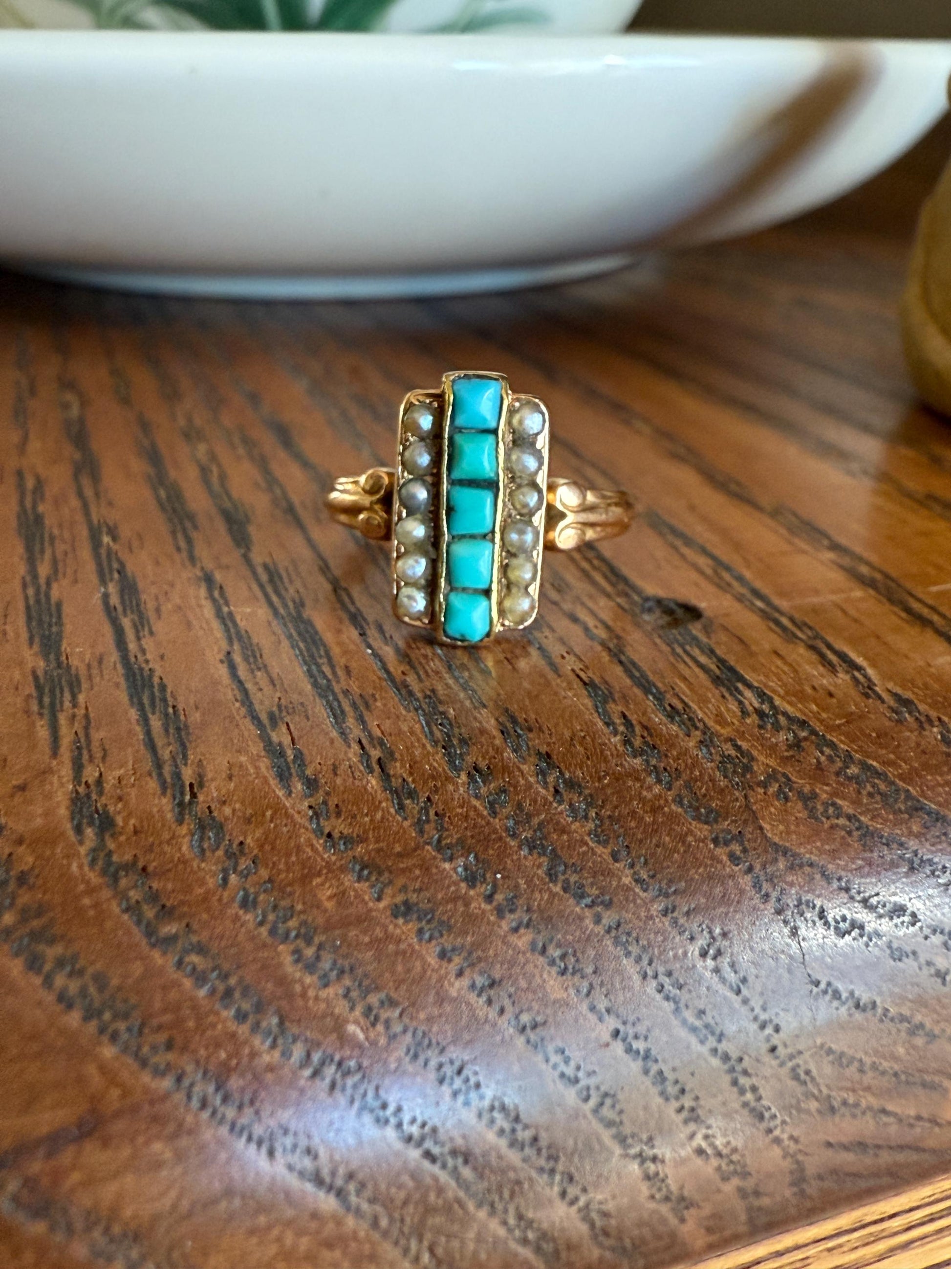 Antique 18k Gold French Turquoise Seed Pearl Linear Pinky Midi Ring Victorian Era Baby Child's Geometric Blue Dainty