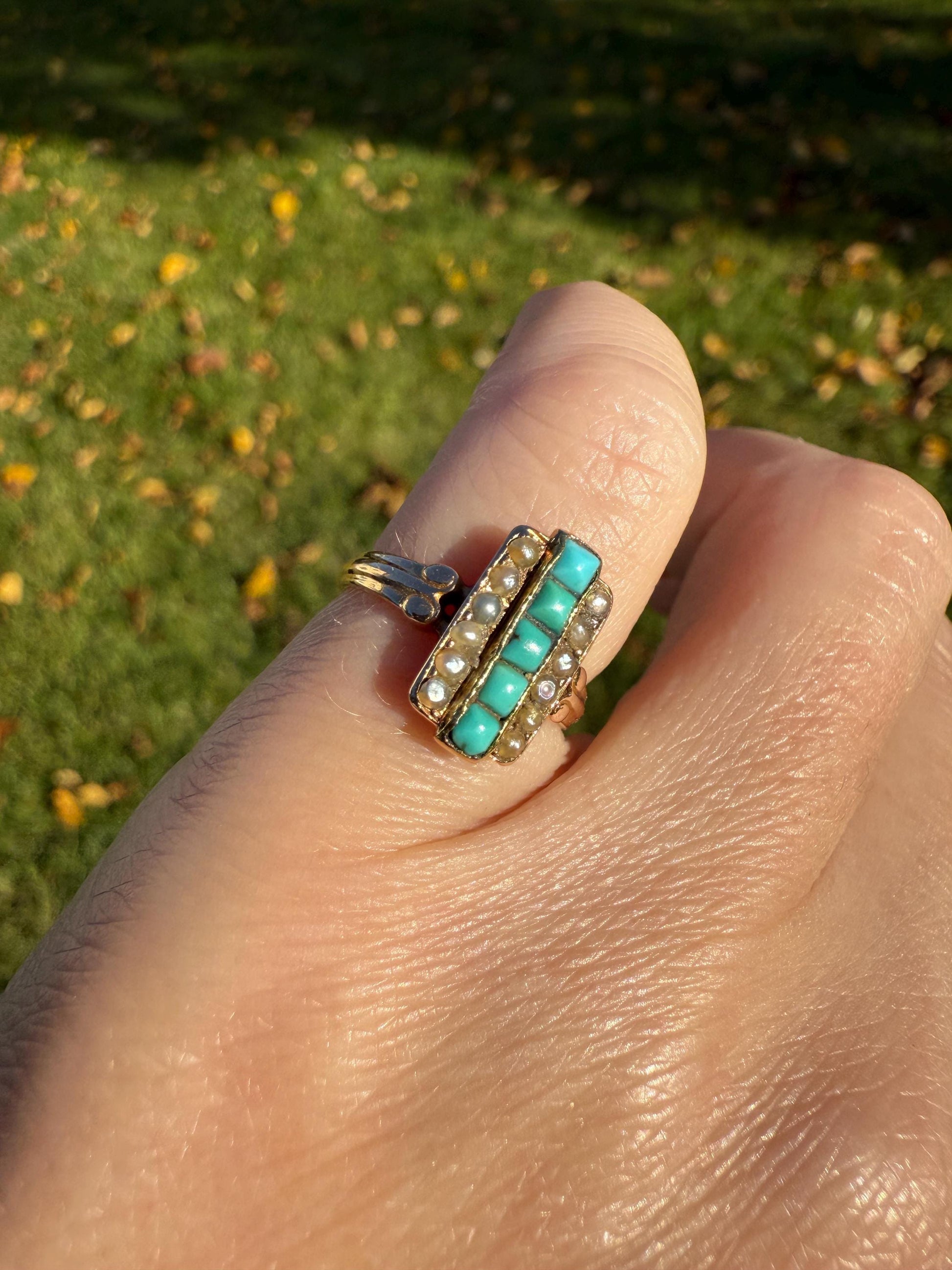 Antique 18k Gold French Turquoise Seed Pearl Linear Pinky Midi Ring Victorian Era Baby Child's Geometric Blue Dainty