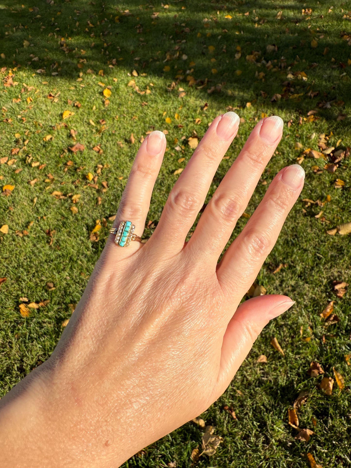 Antique 18k Gold French Turquoise Seed Pearl Linear Pinky Midi Ring Victorian Era Baby Child's Geometric Blue Dainty