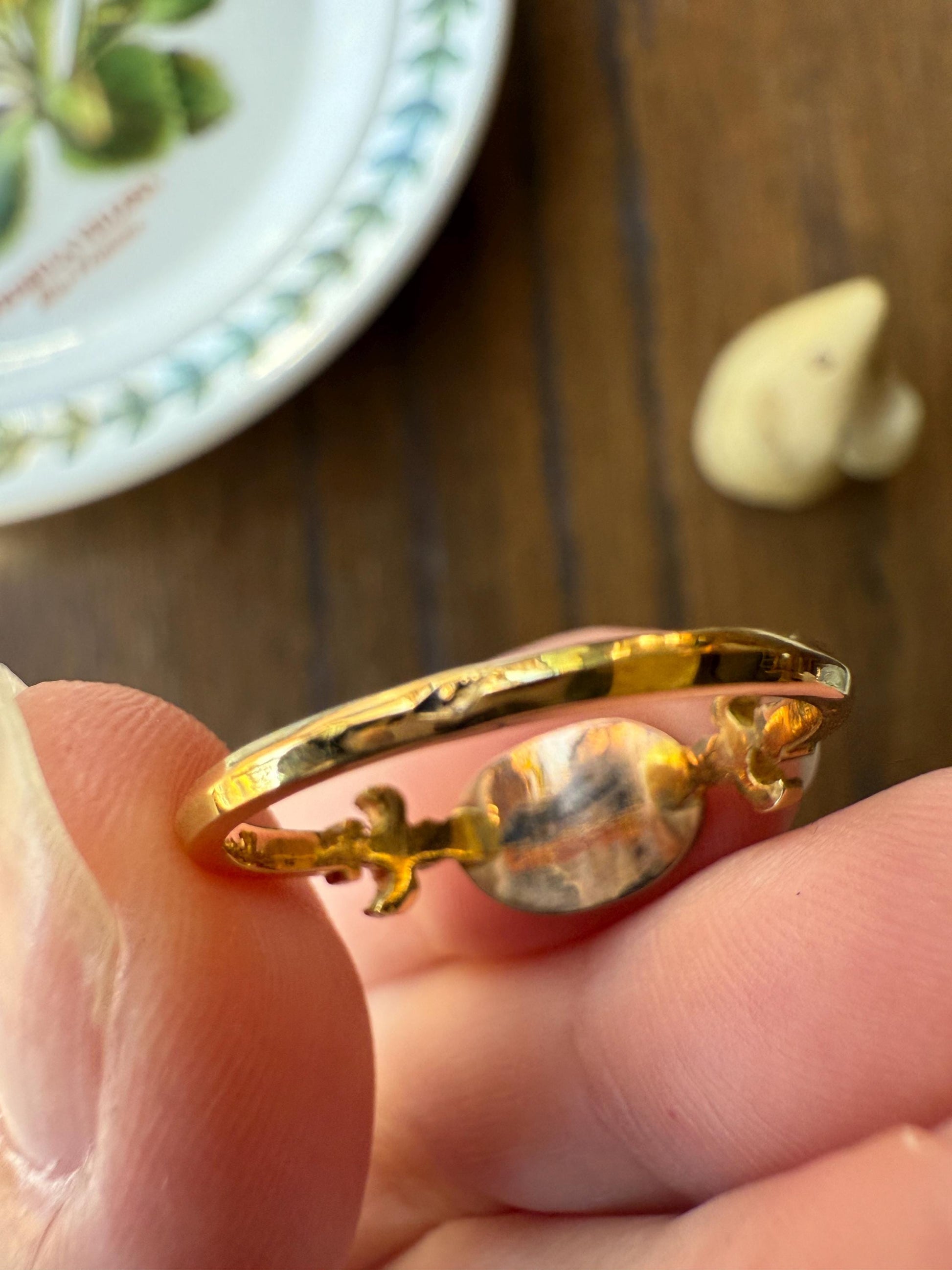 FLEUR De LIS Figural Antique Ring Rose Cut DIAMOND Solitaire Ring 18k Gold Solid East West Silver Collet Oval French Victorian Stacker Band