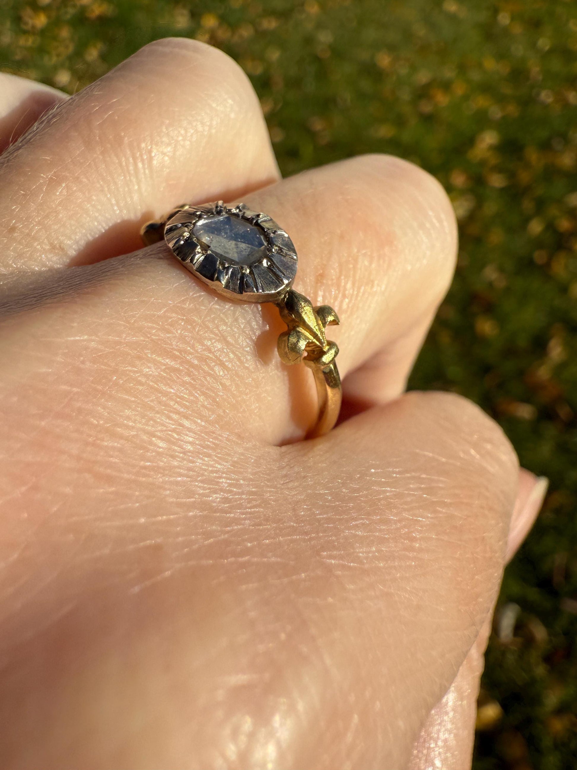 FLEUR De LIS Figural Antique Ring Rose Cut DIAMOND Solitaire Ring 18k Gold Solid East West Silver Collet Oval French Victorian Stacker Band