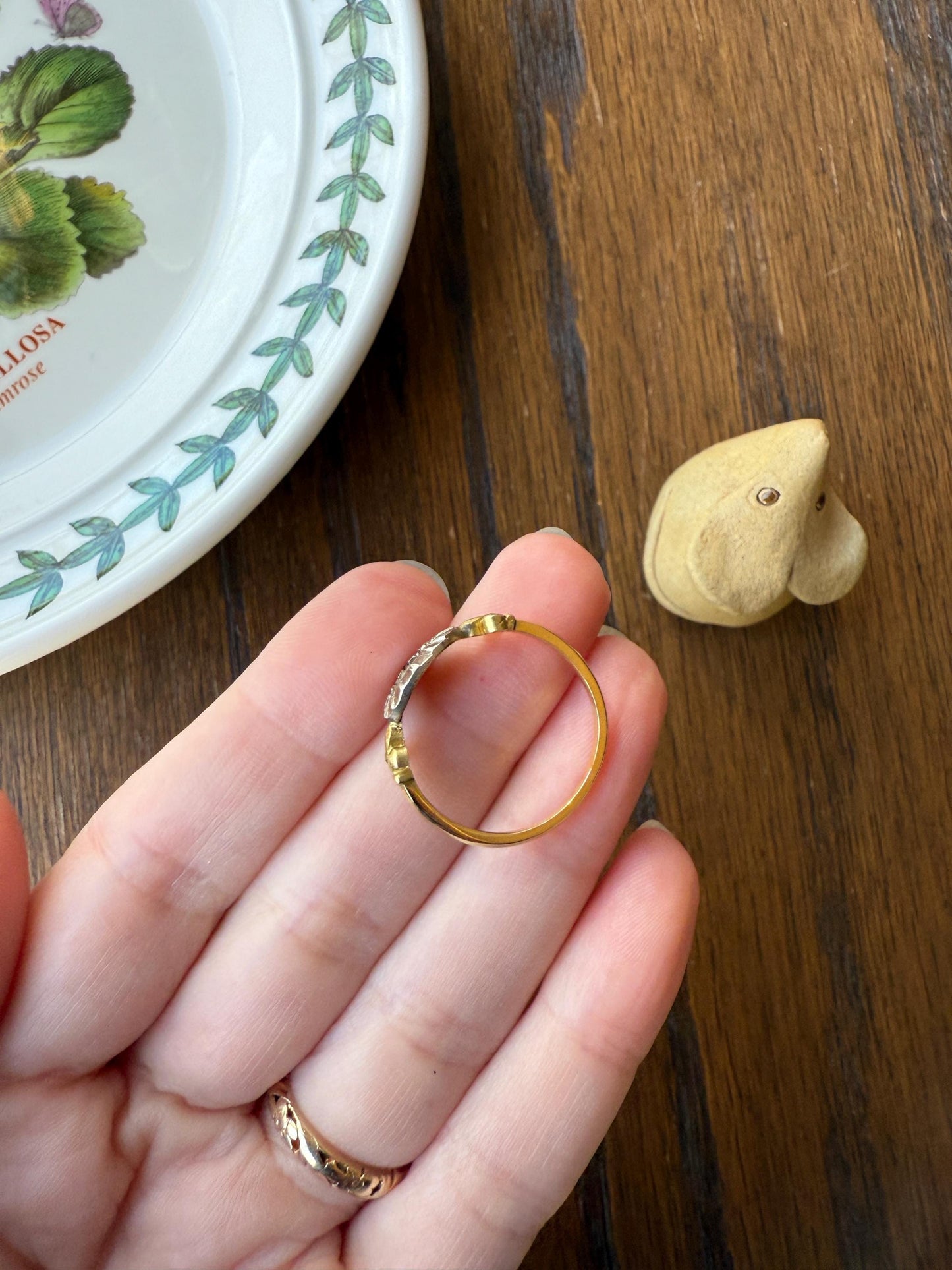 FLEUR De LIS Figural Antique Ring Rose Cut DIAMOND Solitaire Ring 18k Gold Solid East West Silver Collet Oval French Victorian Stacker Band