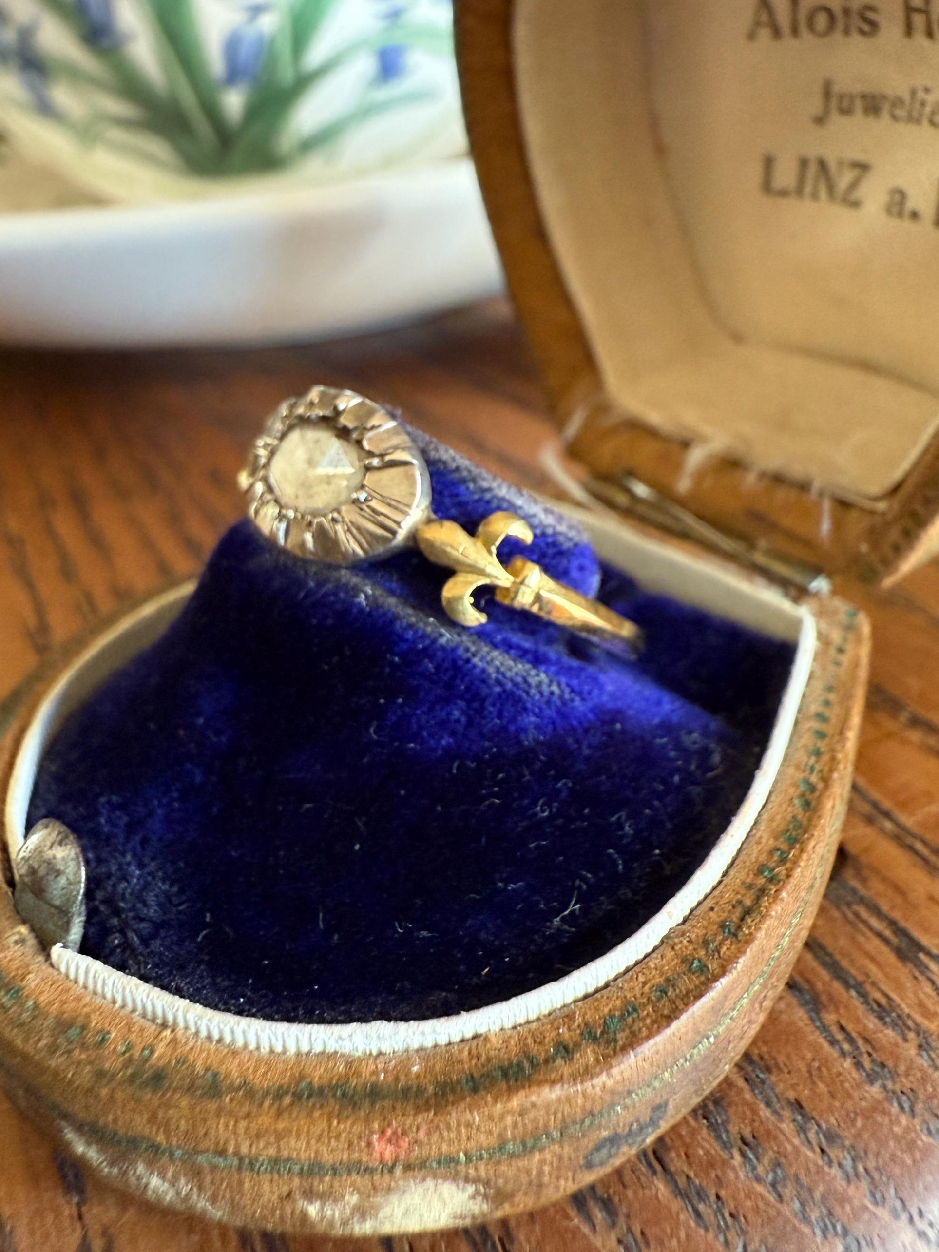 FLEUR De LIS Figural Antique Ring Rose Cut DIAMOND Solitaire Ring 18k Gold Solid East West Silver Collet Oval French Victorian Stacker Band