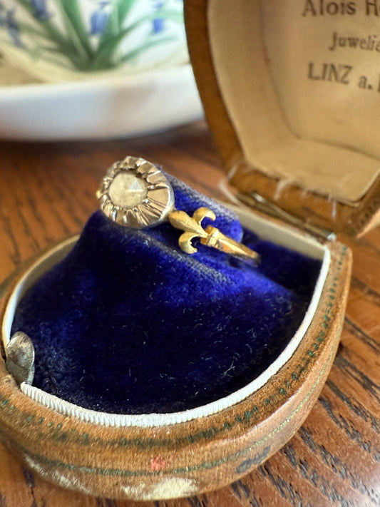 FLEUR De LIS Figural Antique Ring Rose Cut DIAMOND Solitaire Ring 18k Gold Solid East West Silver Collet Oval French Victorian Stacker Band