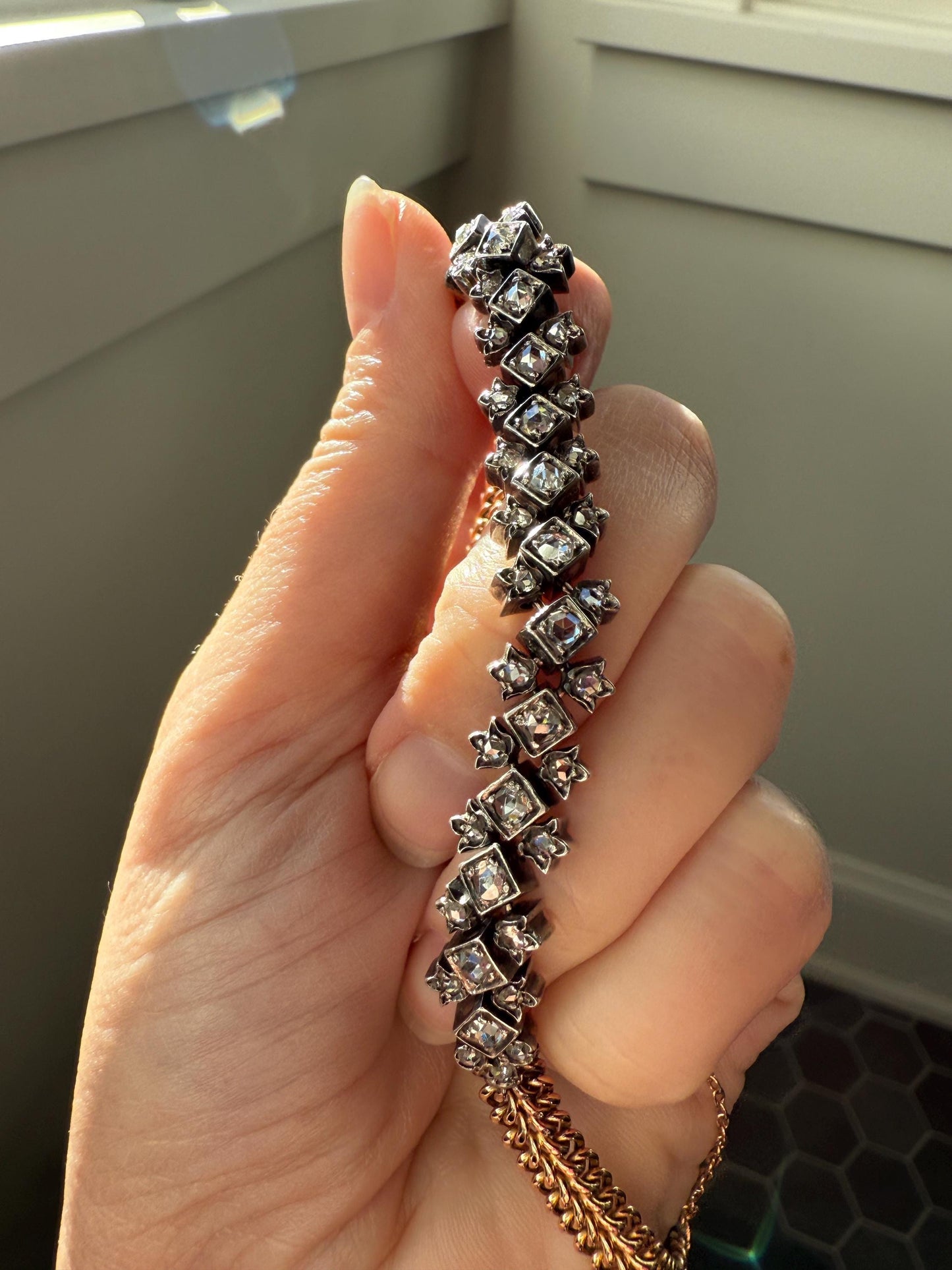 Antique 43 Rose Cut DIAMOND French Victorian Double Cable Chain Bracelet 18k Gold Solid Silver Floral Linear Wriststack Belle Epoque Tennis