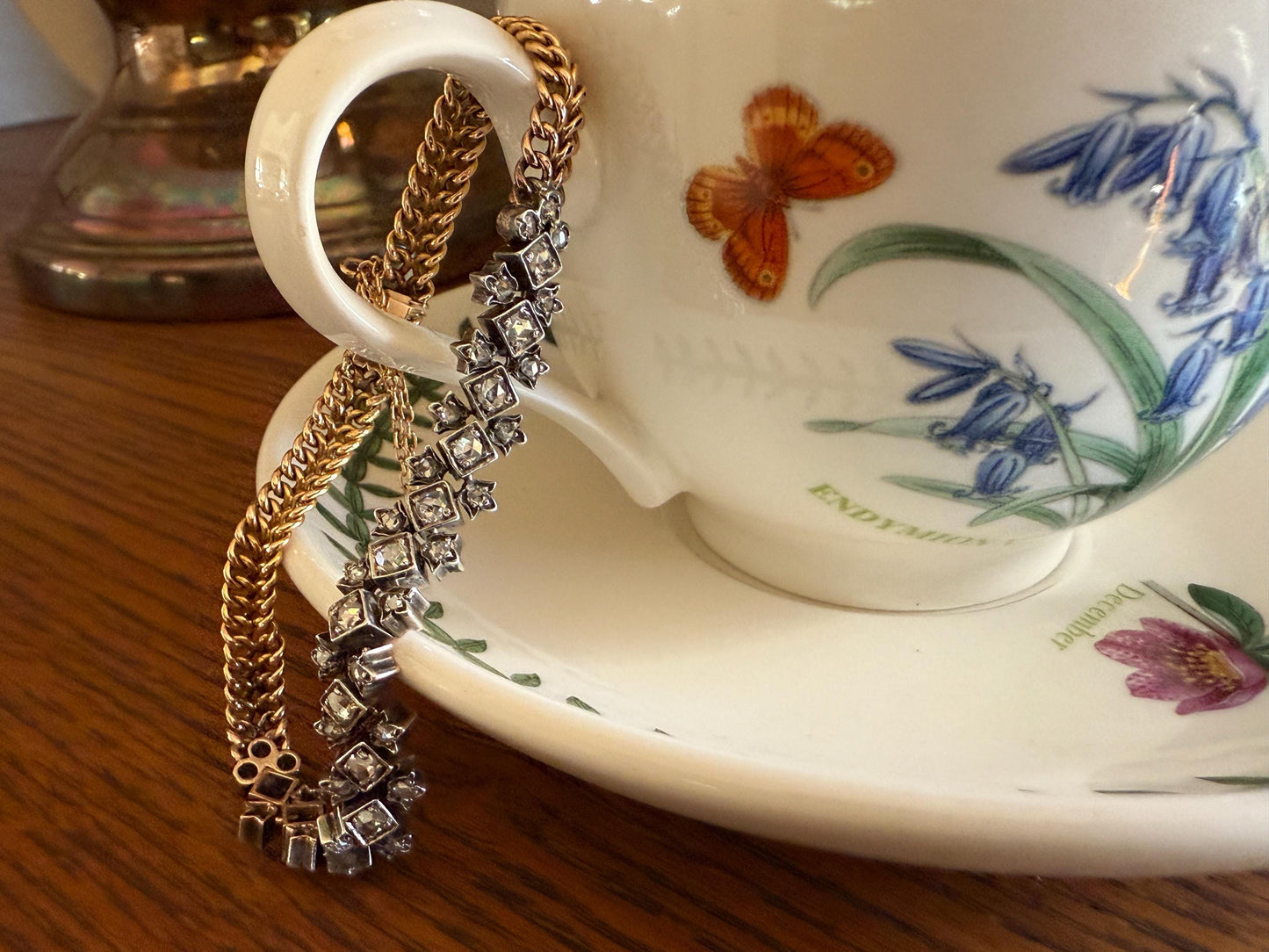 Antique 43 Rose Cut DIAMOND French Victorian Double Cable Chain Bracelet 18k Gold Solid Silver Floral Linear Wriststack Belle Epoque Tennis