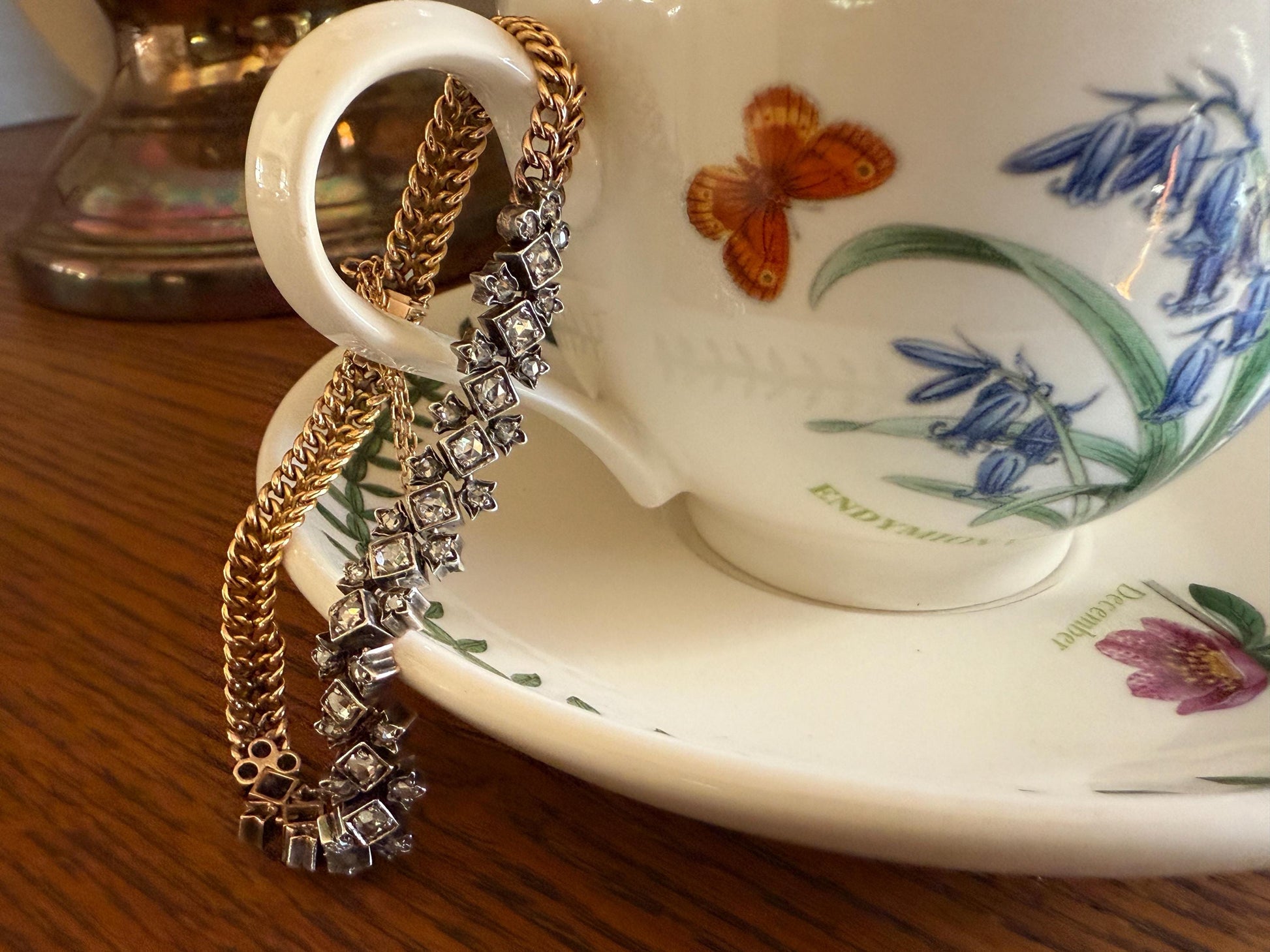 Antique 43 Rose Cut DIAMOND French Victorian Double Cable Chain Bracelet 18k Gold Solid Silver Floral Linear Wriststack Belle Epoque Tennis