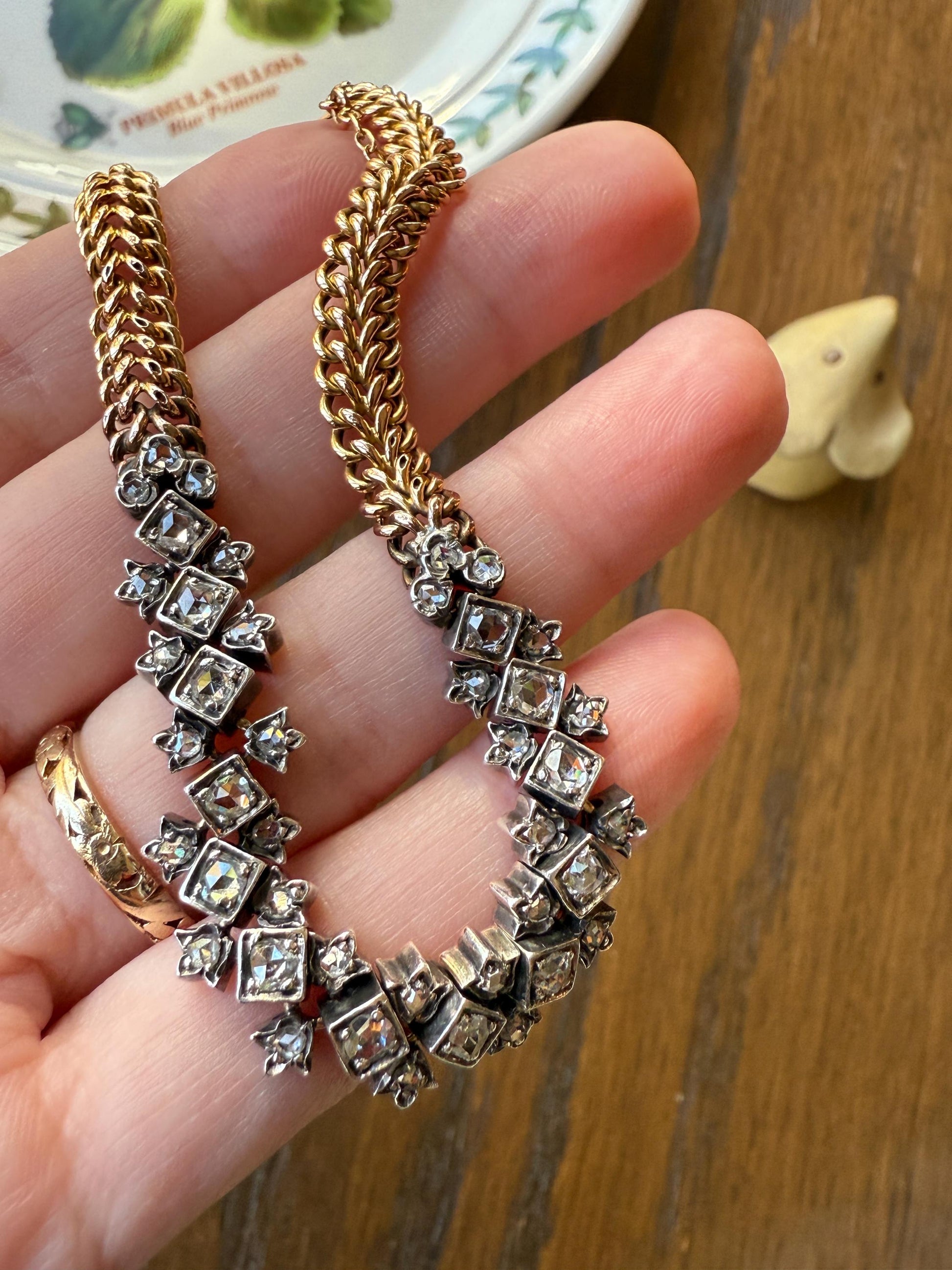 Antique 43 Rose Cut DIAMOND French Victorian Double Cable Chain Bracelet 18k Gold Solid Silver Floral Linear Wriststack Belle Epoque Tennis