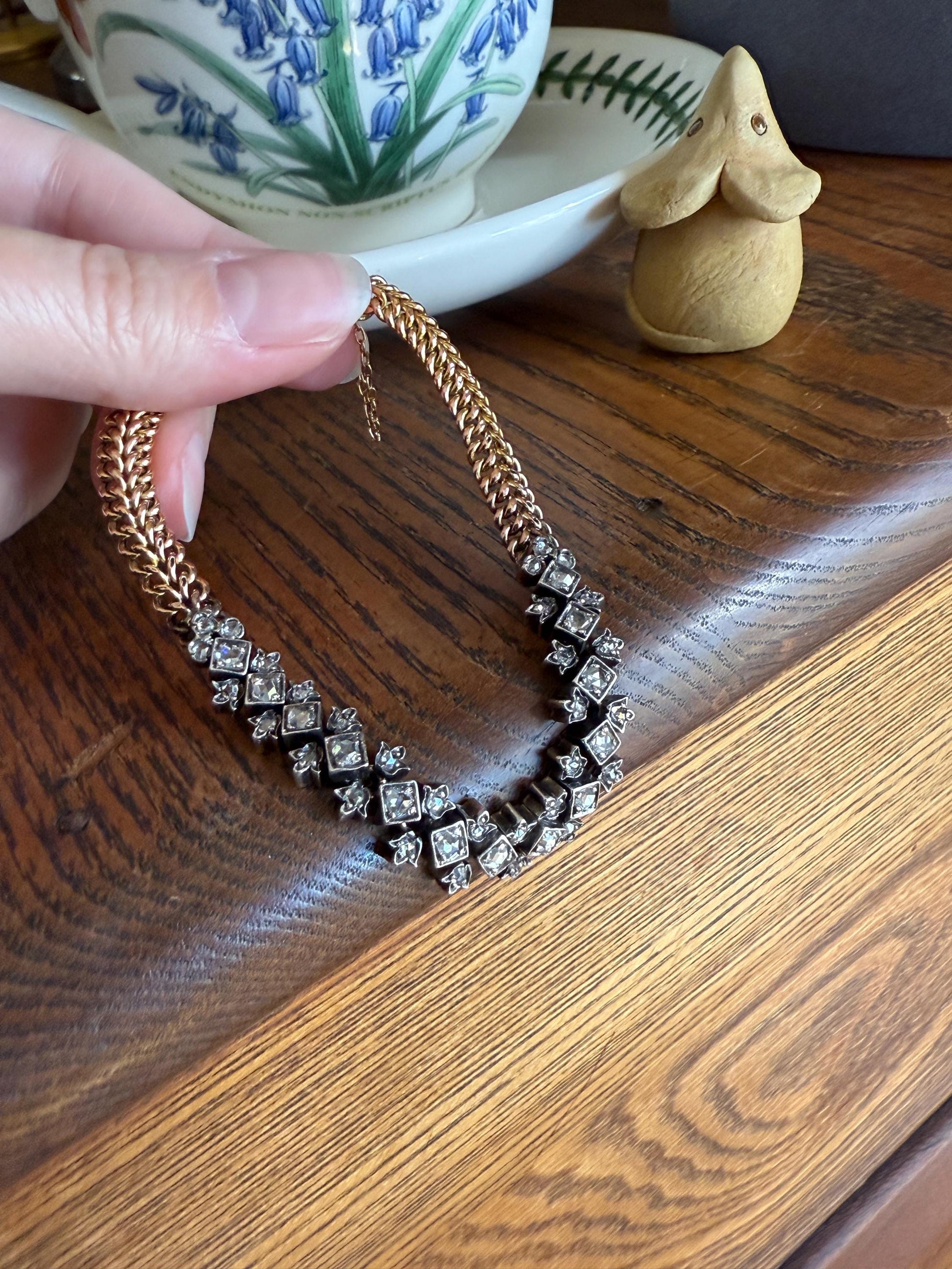 Antique 43 Rose Cut DIAMOND French Victorian Double Cable Chain Bracelet 18k Gold Solid Silver Floral Linear Wriststack Belle Epoque Tennis