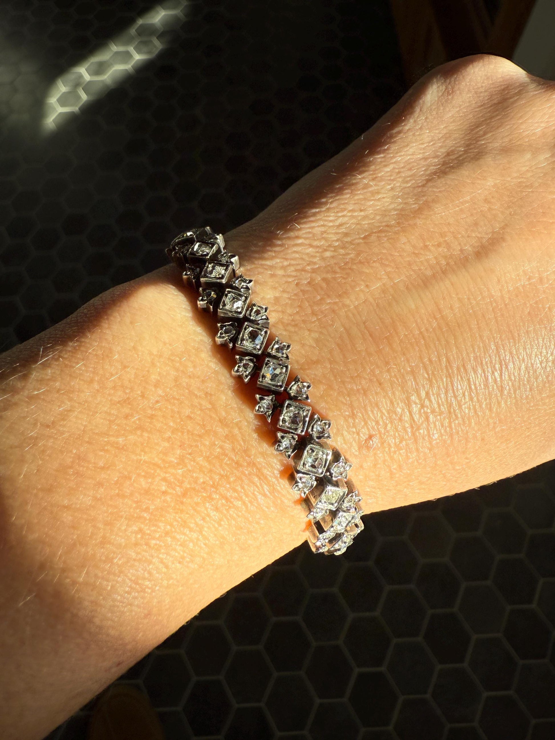 Antique 43 Rose Cut DIAMOND French Victorian Double Cable Chain Bracelet 18k Gold Solid Silver Floral Linear Wriststack Belle Epoque Tennis