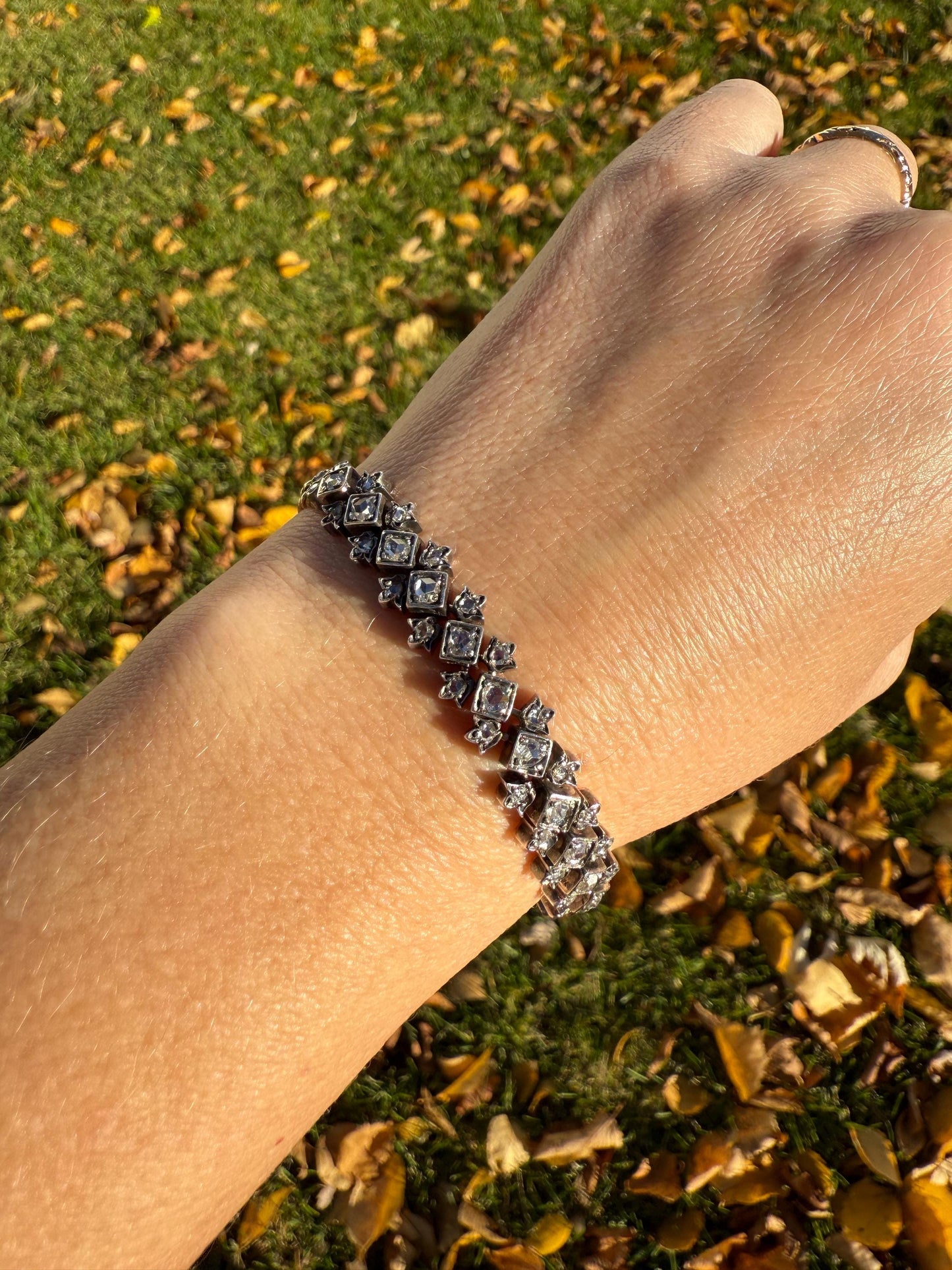 Antique 43 Rose Cut DIAMOND French Victorian Double Cable Chain Bracelet 18k Gold Solid Silver Floral Linear Wriststack Belle Epoque Tennis