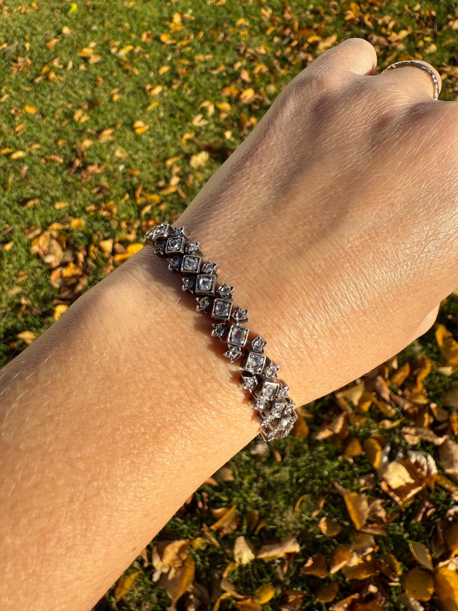 Antique 43 Rose Cut DIAMOND French Victorian Double Cable Chain Bracelet 18k Gold Solid Silver Floral Linear Wriststack Belle Epoque Tennis