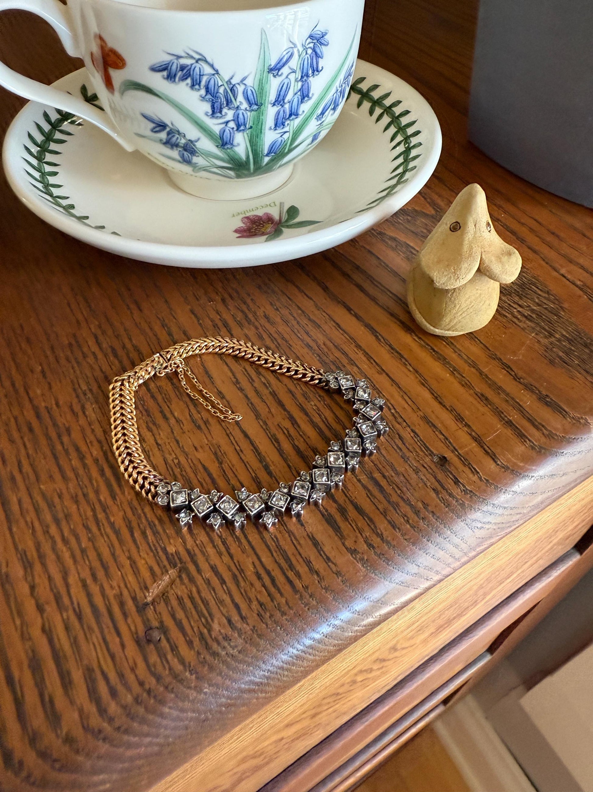 Antique 43 Rose Cut DIAMOND French Victorian Double Cable Chain Bracelet 18k Gold Solid Silver Floral Linear Wriststack Belle Epoque Tennis