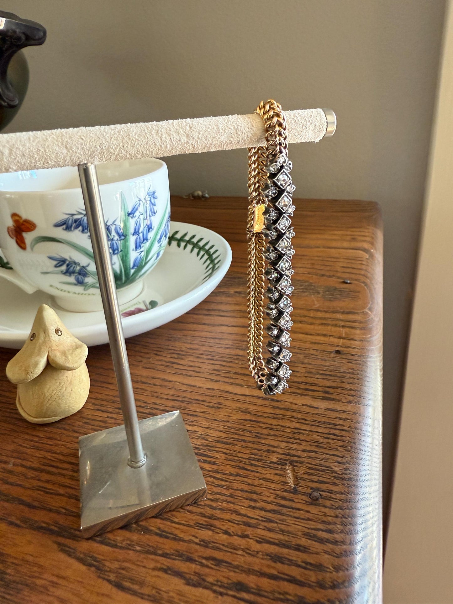 Antique 43 Rose Cut DIAMOND French Victorian Double Cable Chain Bracelet 18k Gold Solid Silver Floral Linear Wriststack Belle Epoque Tennis