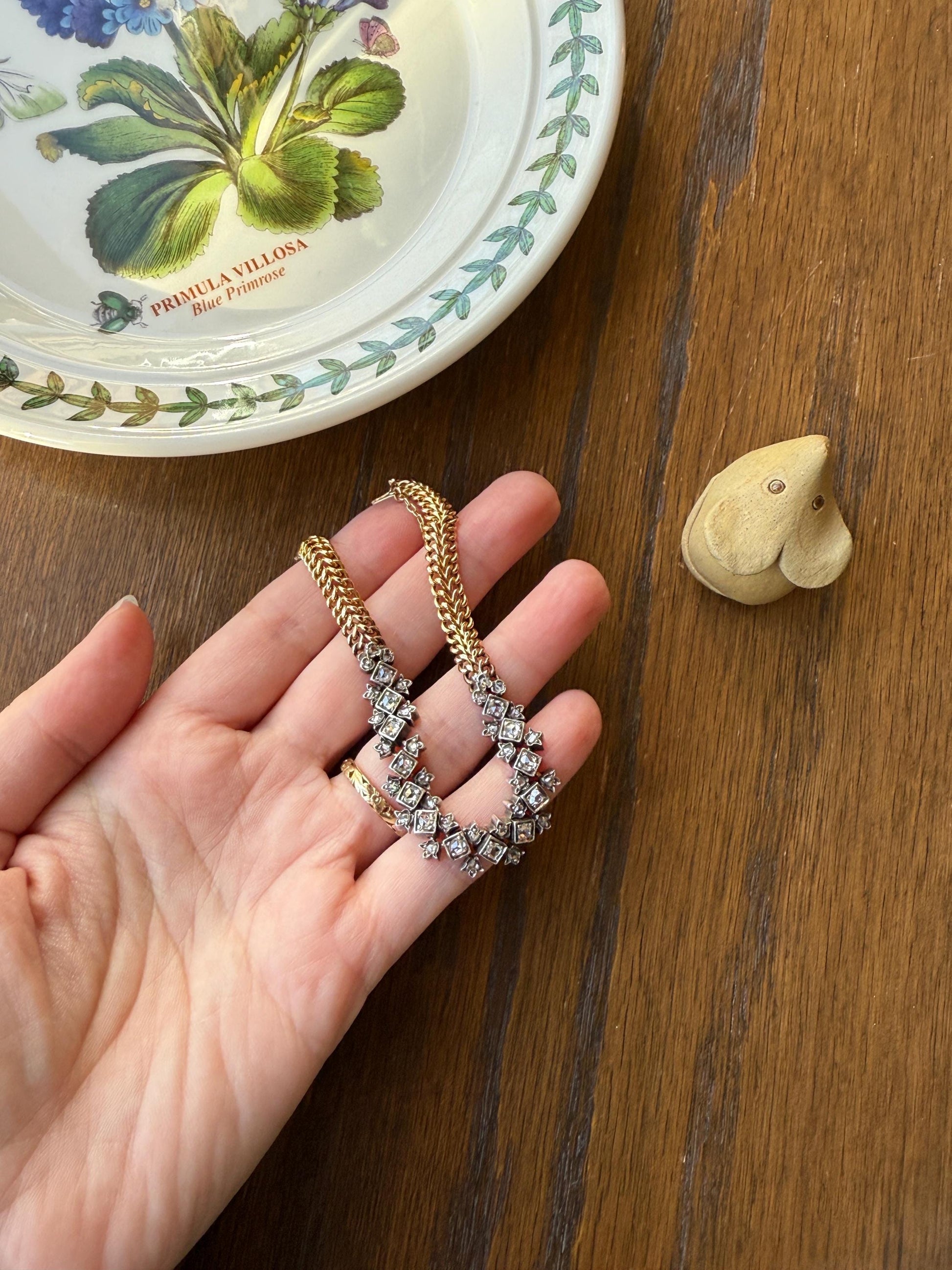 Antique 43 Rose Cut DIAMOND French Victorian Double Cable Chain Bracelet 18k Gold Solid Silver Floral Linear Wriststack Belle Epoque Tennis