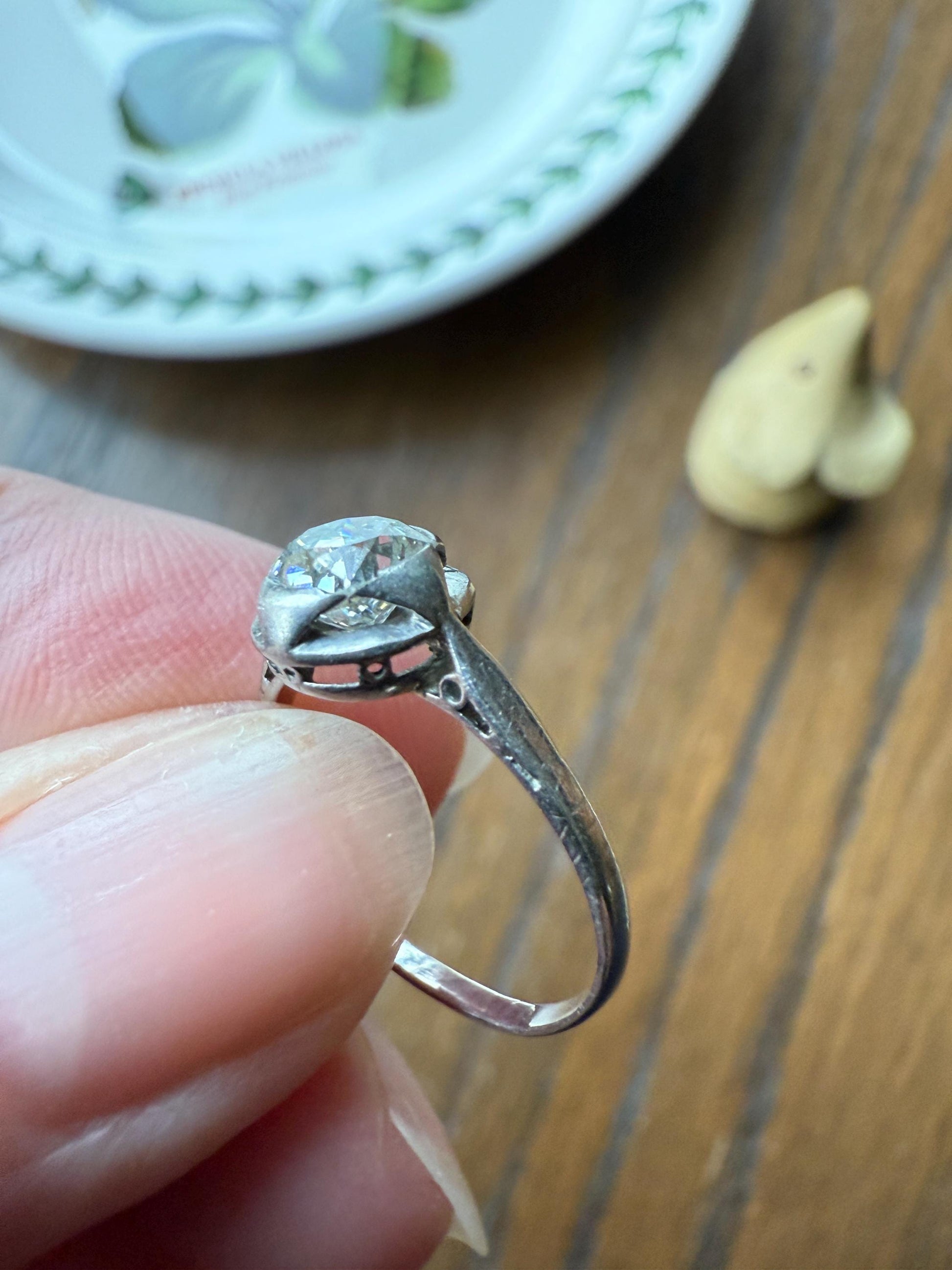 Antique .67 Carat Old Mine Cut DIAMOND Ring Edwardian Era French Platinum Solitaire Engagement Stacker Bezel Halo Setting OMC .67ctw