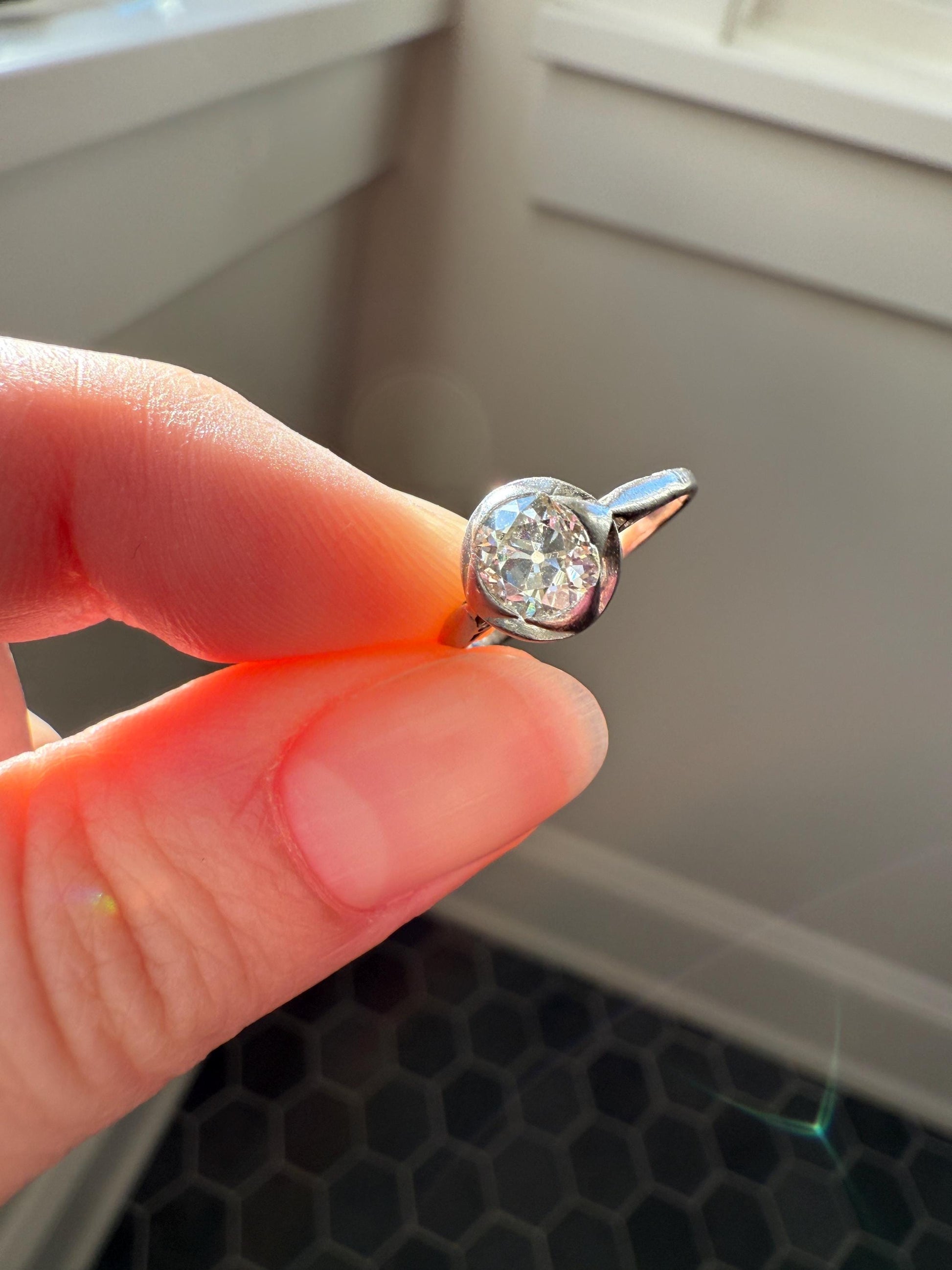 Antique .67 Carat Old Mine Cut DIAMOND Ring Edwardian Era French Platinum Solitaire Engagement Stacker Bezel Halo Setting OMC .67ctw