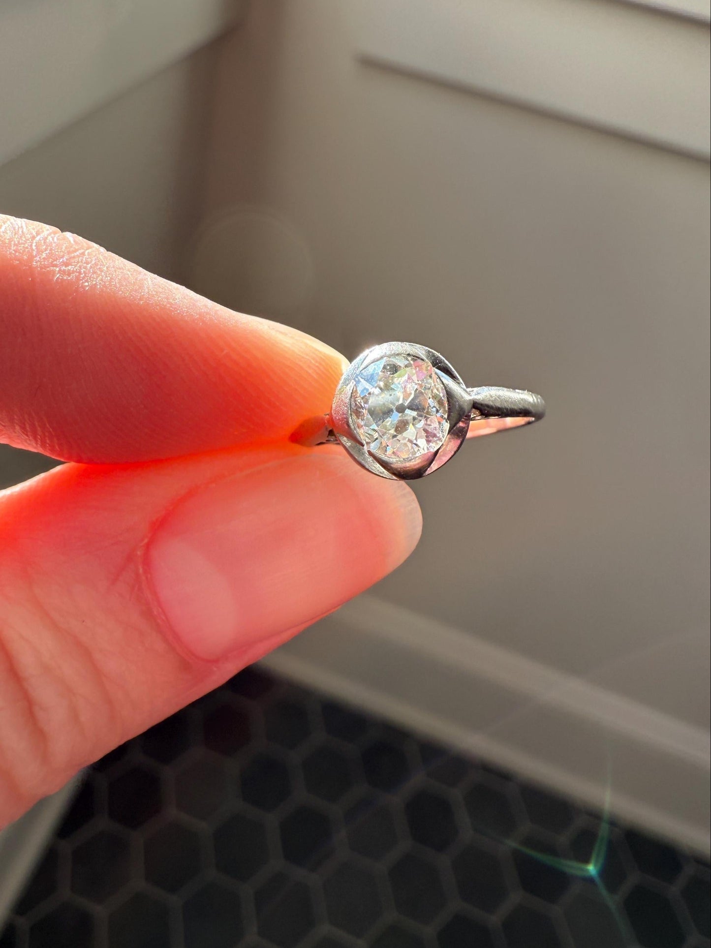 Antique .67 Carat Old Mine Cut DIAMOND Ring Edwardian Era French Platinum Solitaire Engagement Stacker Bezel Halo Setting OMC .67ctw