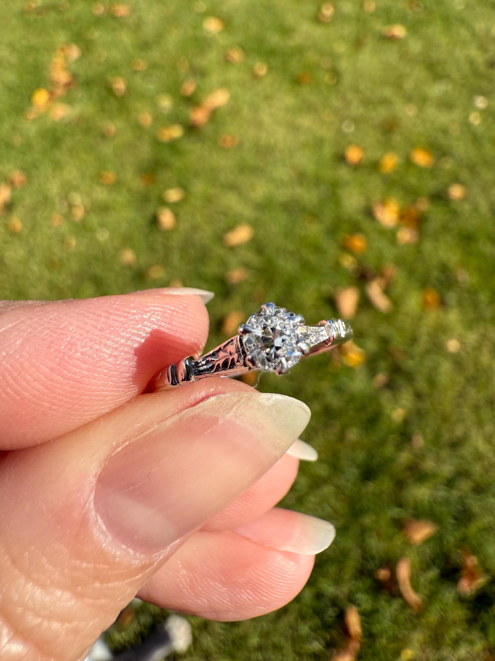 TALL Antique Eye Clean Old European Cut DIAMOND Solitaire Engagement Ring Art Deco 14k White Gold Unique Stacker Romantic Gift Wheat Engrave