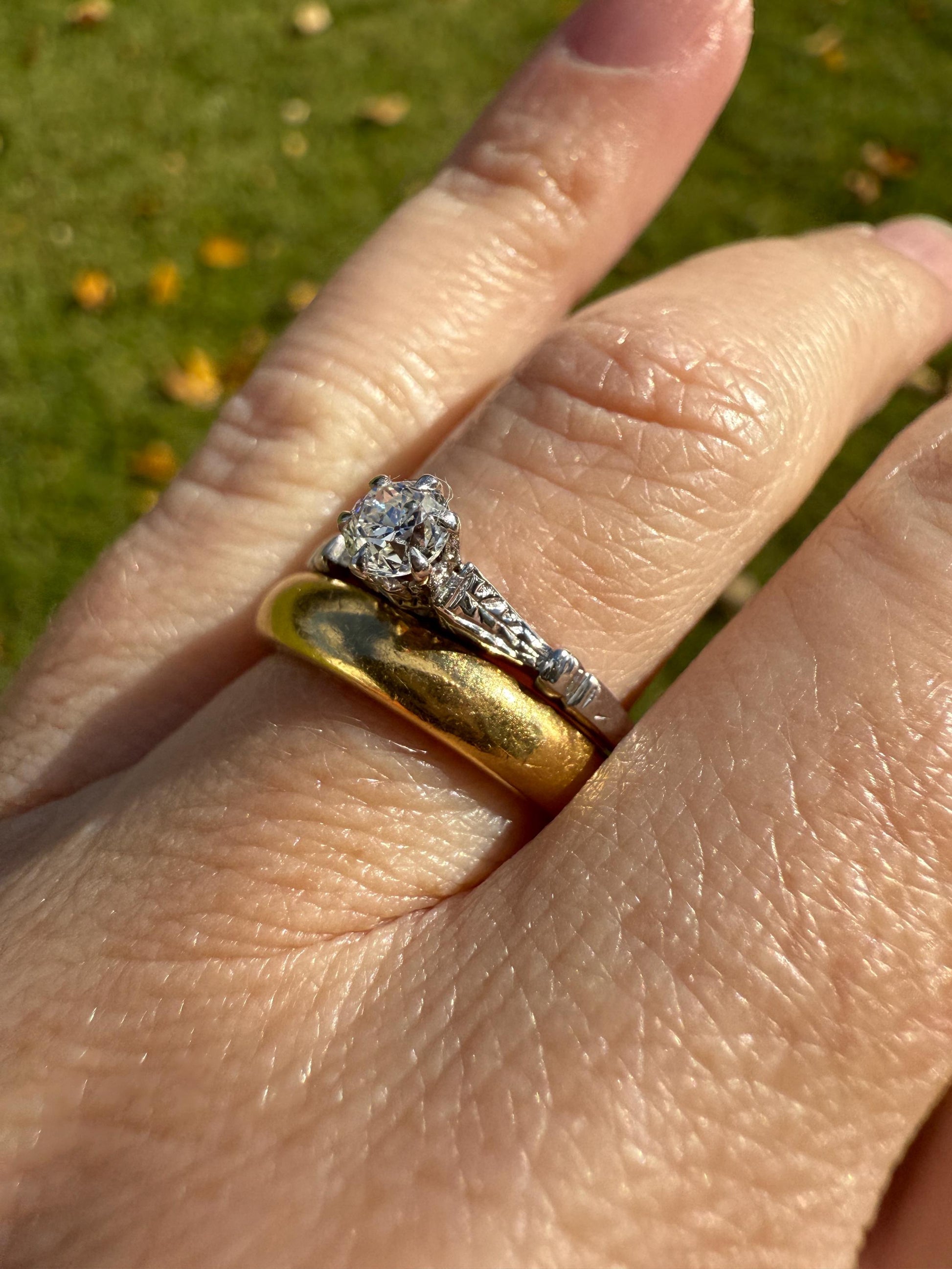 TALL Antique Eye Clean Old European Cut DIAMOND Solitaire Engagement Ring Art Deco 14k White Gold Unique Stacker Romantic Gift Wheat Engrave