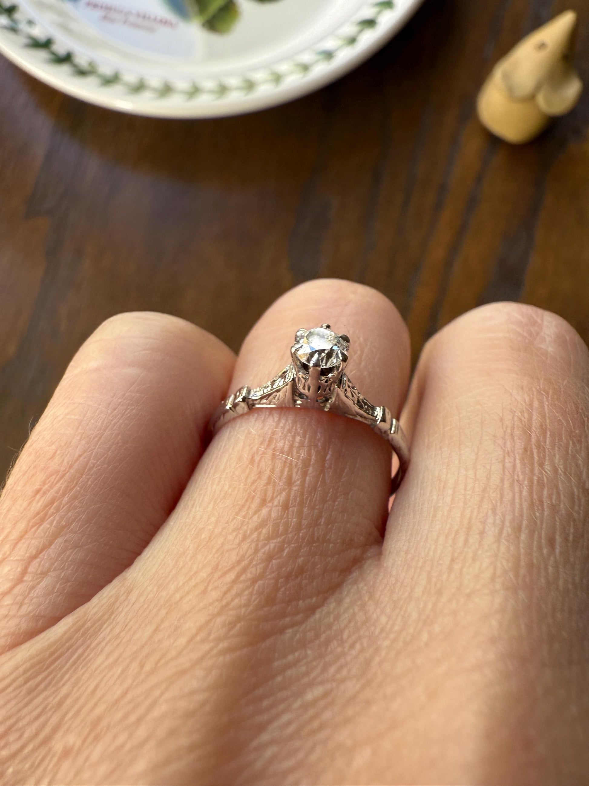 TALL Antique Eye Clean Old European Cut DIAMOND Solitaire Engagement Ring Art Deco 14k White Gold Unique Stacker Romantic Gift Wheat Engrave