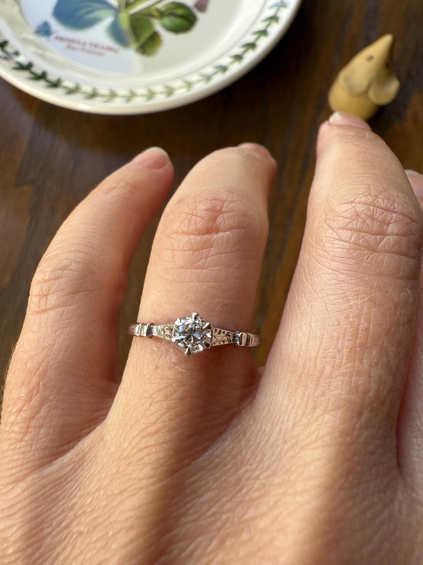 TALL Antique Eye Clean Old European Cut DIAMOND Solitaire Engagement Ring Art Deco 14k White Gold Unique Stacker Romantic Gift Wheat Engrave