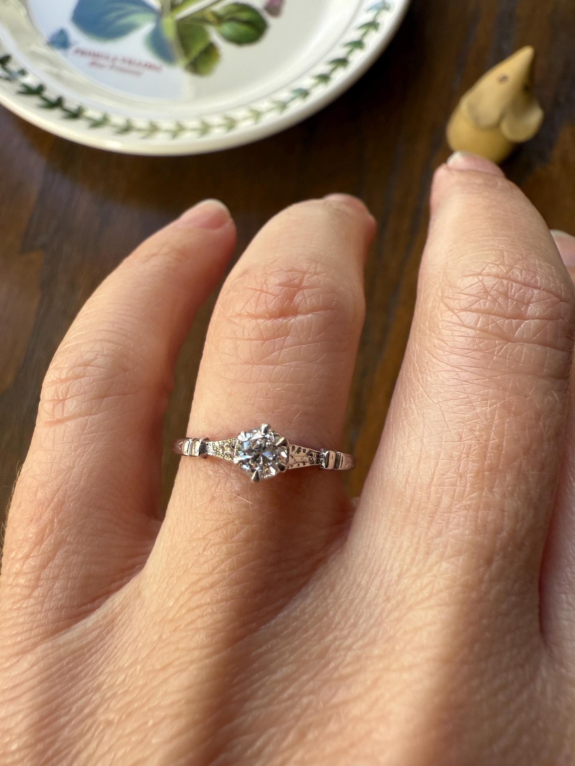 TALL Antique Eye Clean Old European Cut DIAMOND Solitaire Engagement Ring Art Deco 14k White Gold Unique Stacker Romantic Gift Wheat Engrave