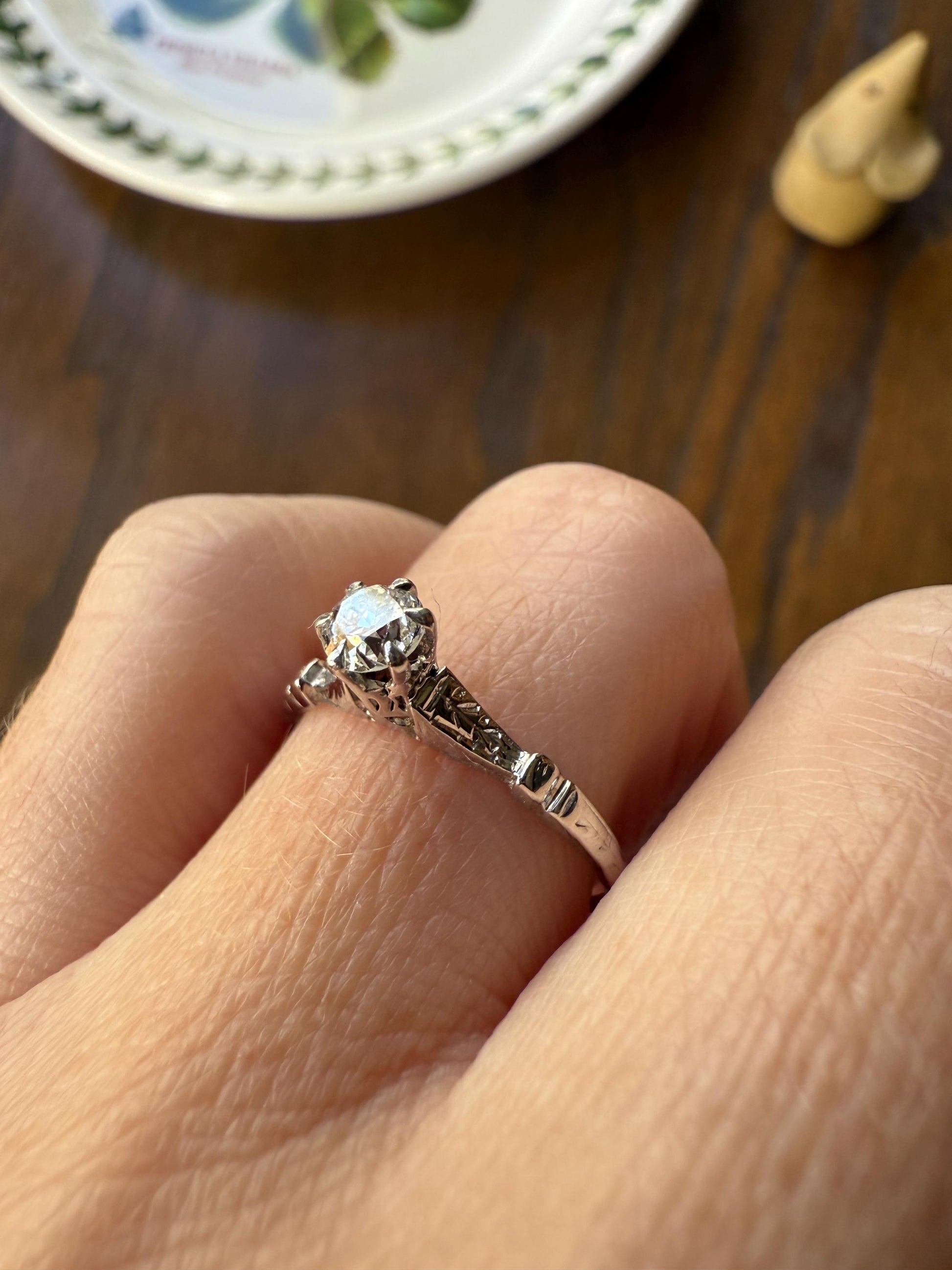 TALL Antique Eye Clean Old European Cut DIAMOND Solitaire Engagement Ring Art Deco 14k White Gold Unique Stacker Romantic Gift Wheat Engrave