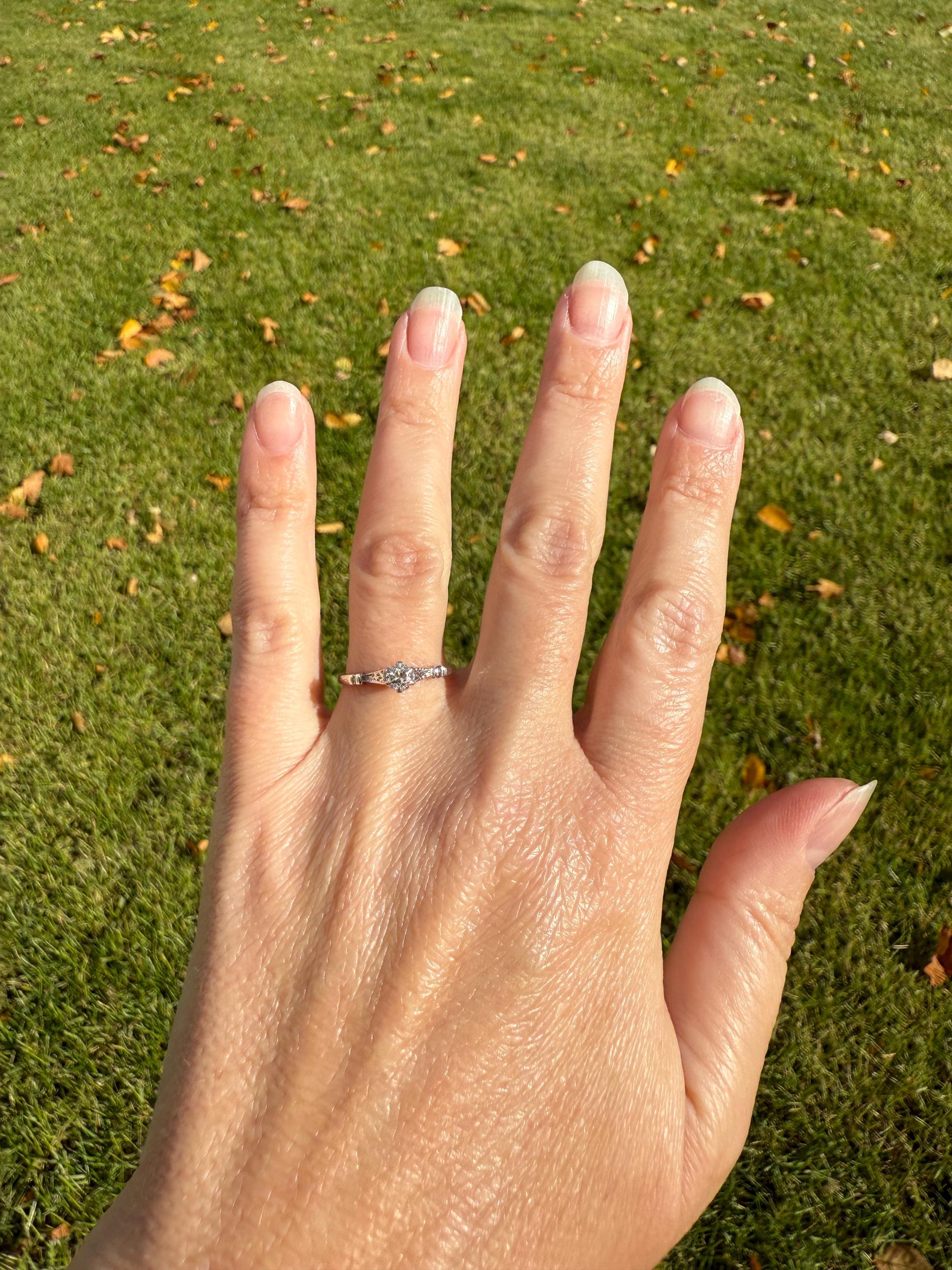 TALL Antique Eye Clean Old European Cut DIAMOND Solitaire Engagement Ring Art Deco 14k White Gold Unique Stacker Romantic Gift Wheat Engrave