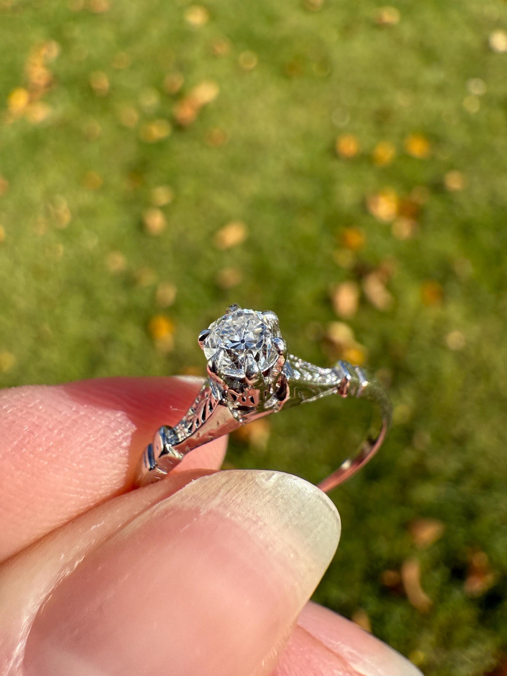 TALL Antique Eye Clean Old European Cut DIAMOND Solitaire Engagement Ring Art Deco 14k White Gold Unique Stacker Romantic Gift Wheat Engrave