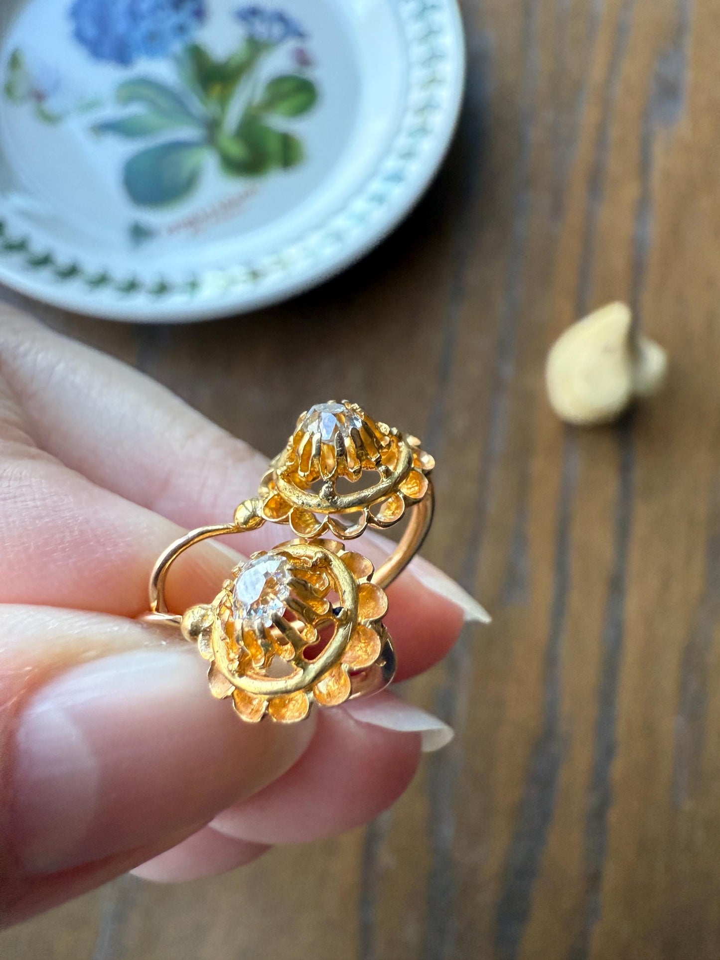 FRENCH Antique Old Mine Cut DiAMOND Buttercup Earrings .4ctw 18k Gold Victorian Dangle Dormeuse Gift Belle Epoque Valentine's Bridal OMC