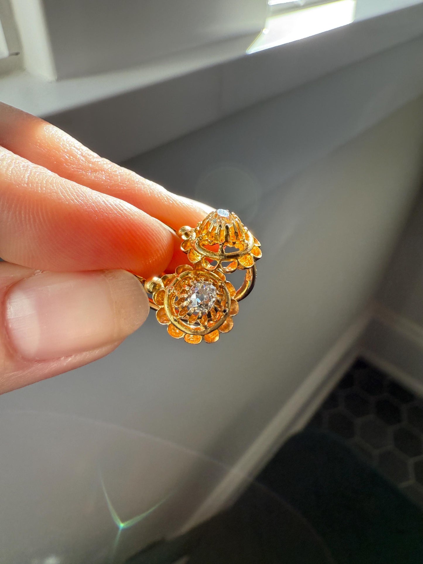 FRENCH Antique Old Mine Cut DiAMOND Buttercup Earrings .4ctw 18k Gold Victorian Dangle Dormeuse Gift Belle Epoque Valentine's Bridal OMC