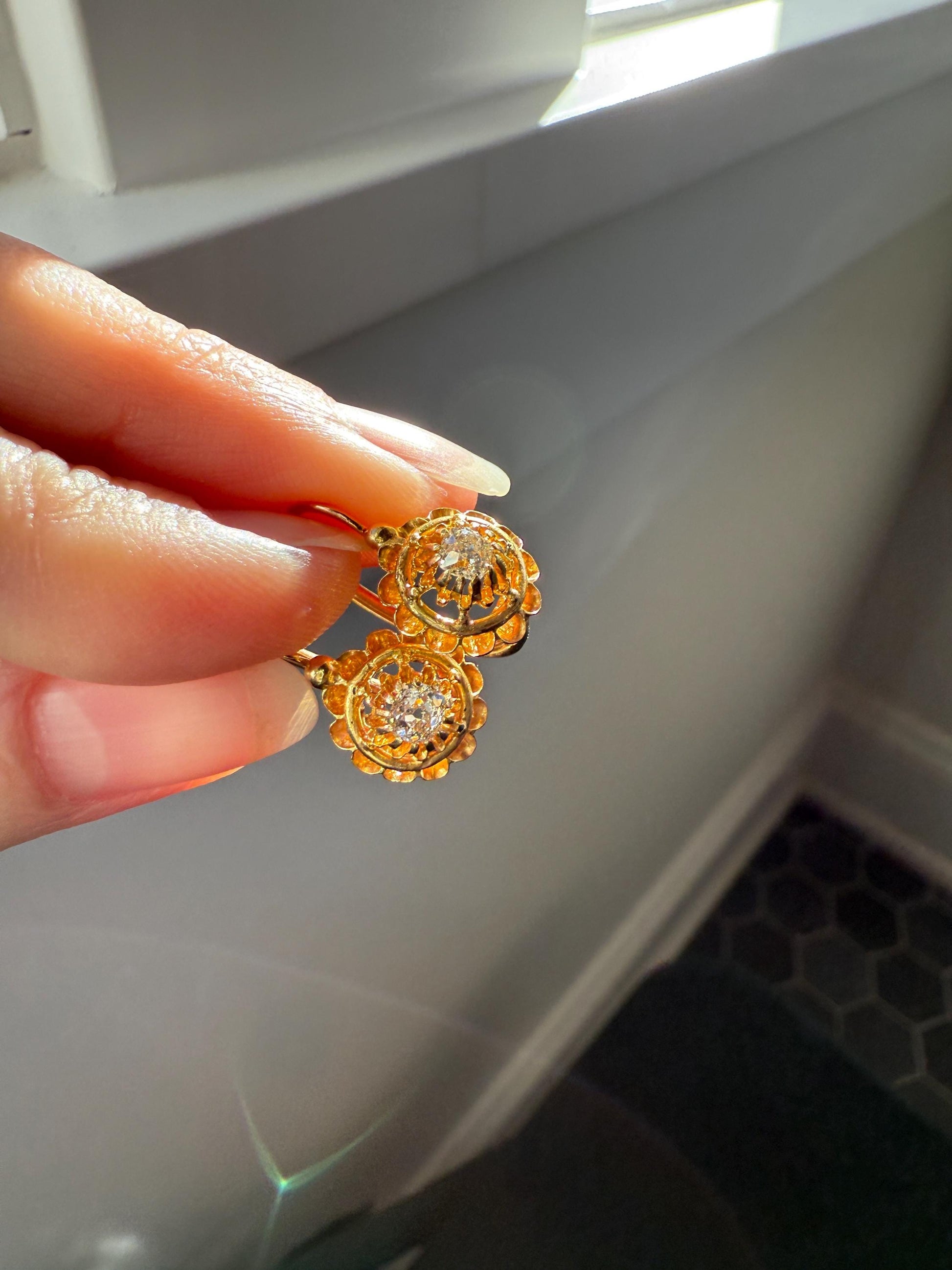 FRENCH Antique Old Mine Cut DiAMOND Buttercup Earrings .4ctw 18k Gold Victorian Dangle Dormeuse Gift Belle Epoque Valentine's Bridal OMC