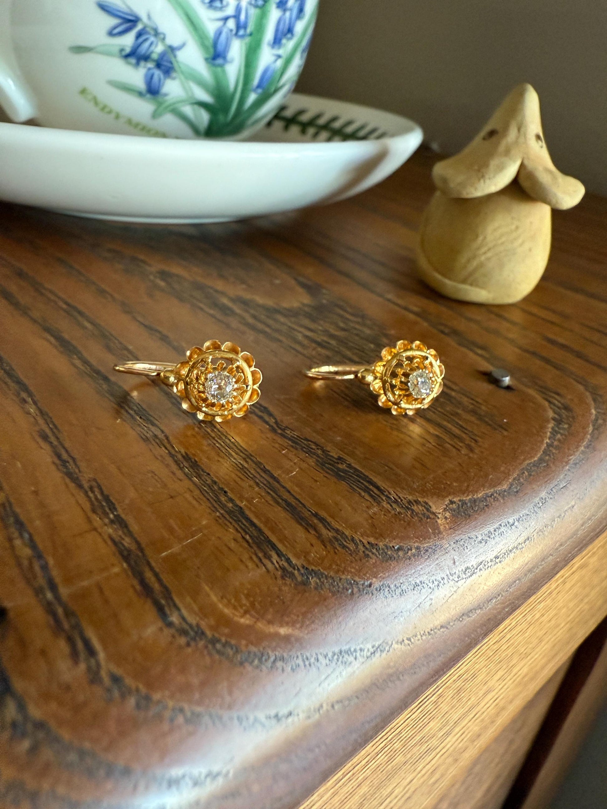 FRENCH Antique Old Mine Cut DiAMOND Buttercup Earrings .4ctw 18k Gold Victorian Dangle Dormeuse Gift Belle Epoque Valentine's Bridal OMC