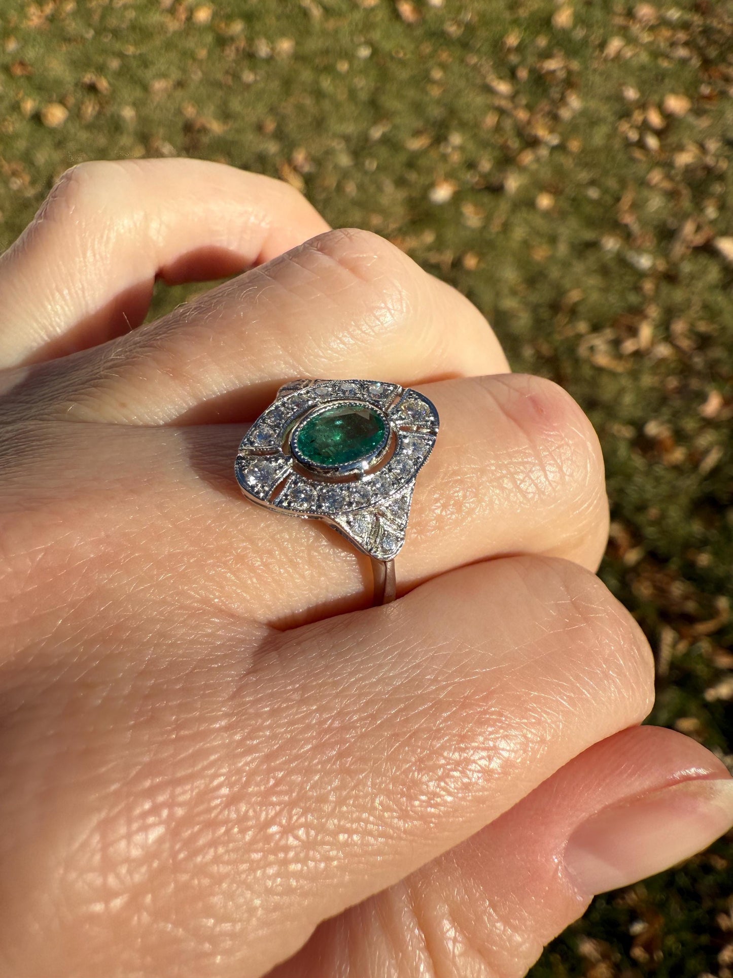 EMERALD Vintage Art Deco 1.6 Carat 20 Transitional & Brilliant Cut DiAMOND Platinum Shield Panel Ring Geometric Green Stacker