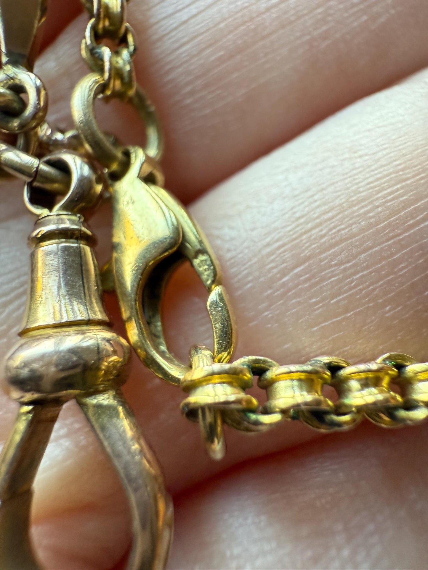 Victorian Antique Ribbed Box Chain Faceted Marquise Spacers Dog Clip Fob Pendant Holder Necklace Rose & Yellow 9k Gold Solid 18k Clasp