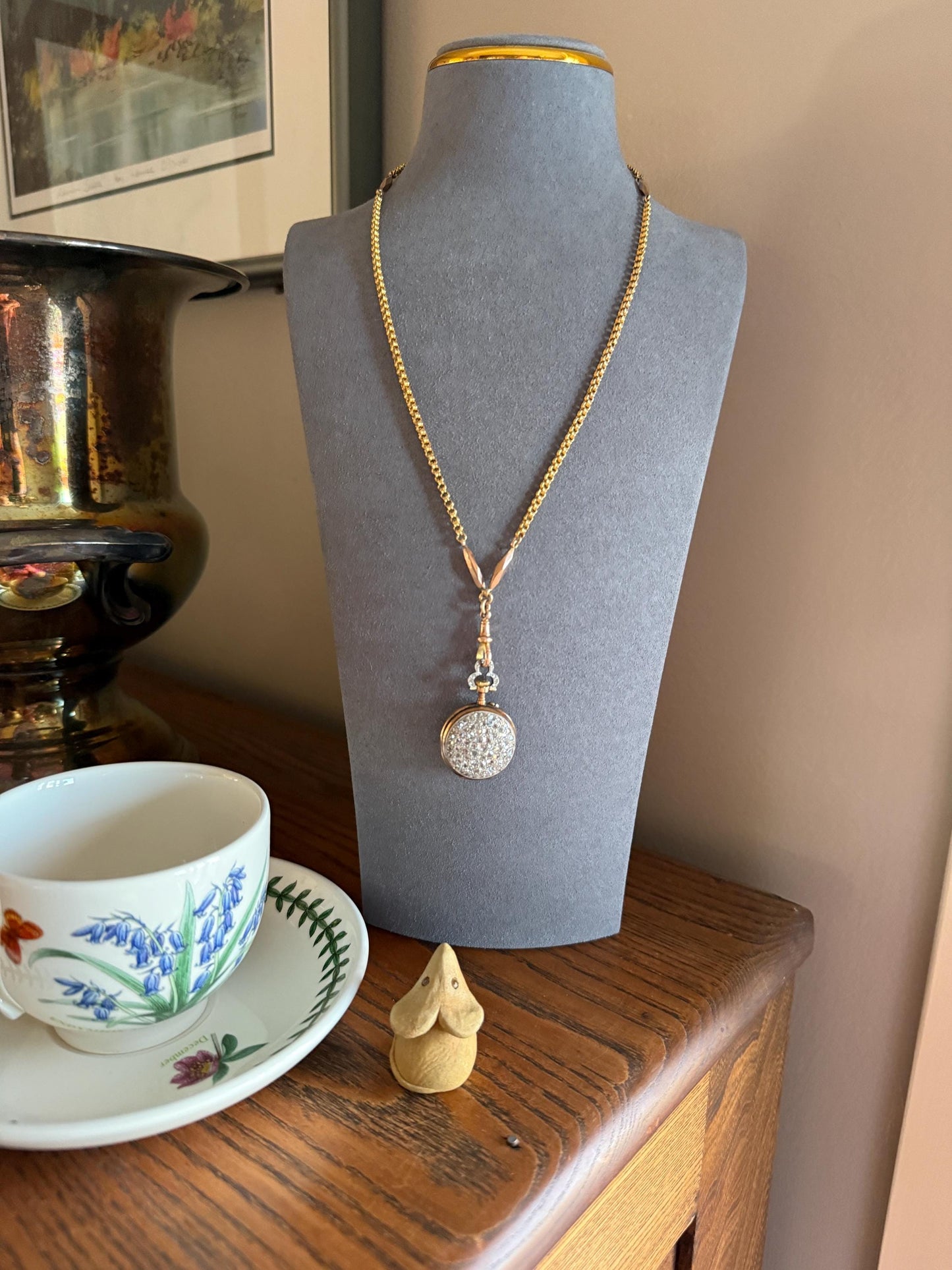 Victorian Antique Ribbed Box Chain Faceted Marquise Spacers Dog Clip Fob Pendant Holder Necklace Rose & Yellow 9k Gold Solid 18k Clasp