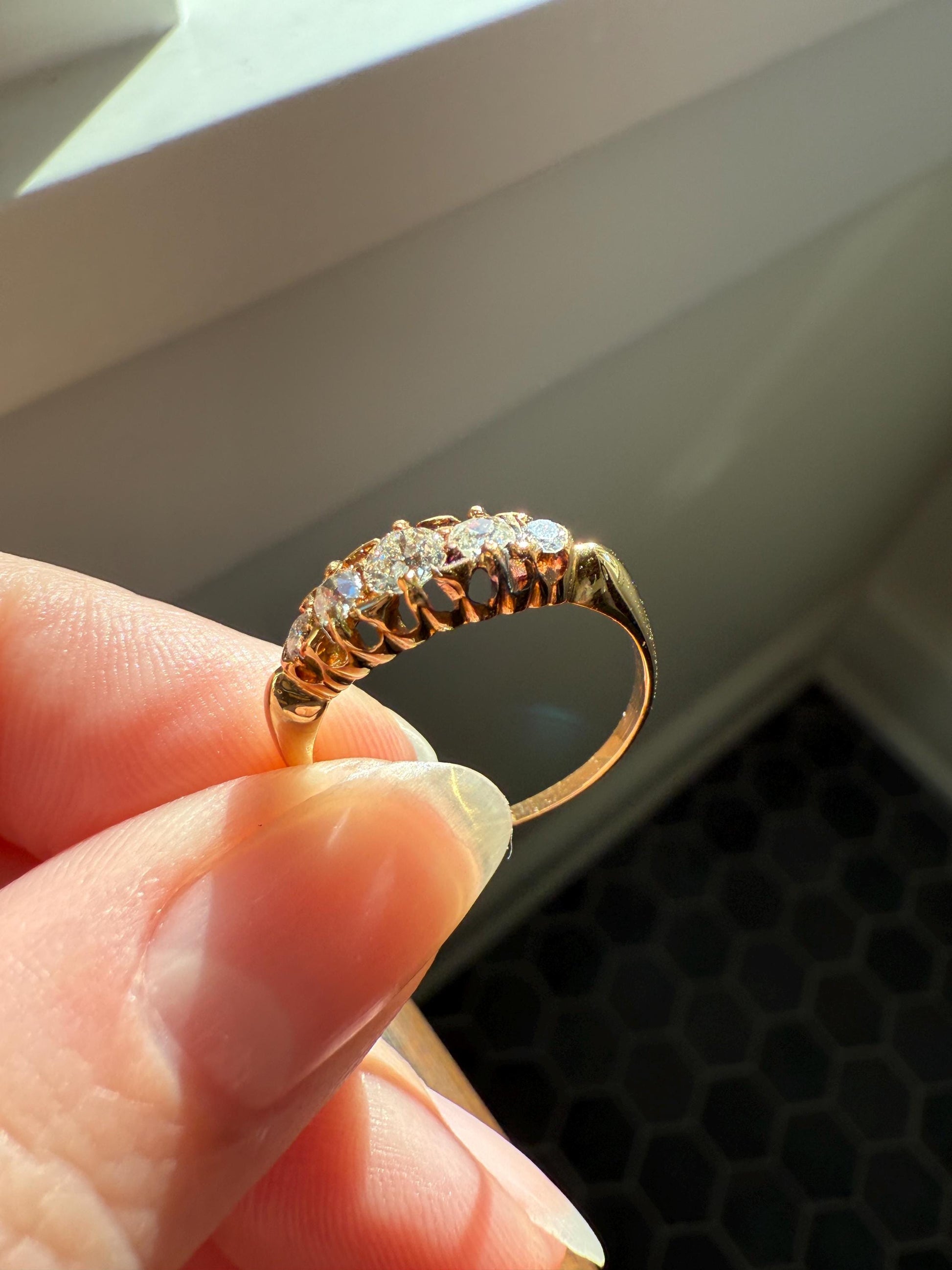 Five Stone Tapered c1889 Old Mine Cut Diamond ANTIQUE Band Ring .5 Carat Buttercup 18k GOLD Victorian Stacker Romantic Gift .5Ctw OMC