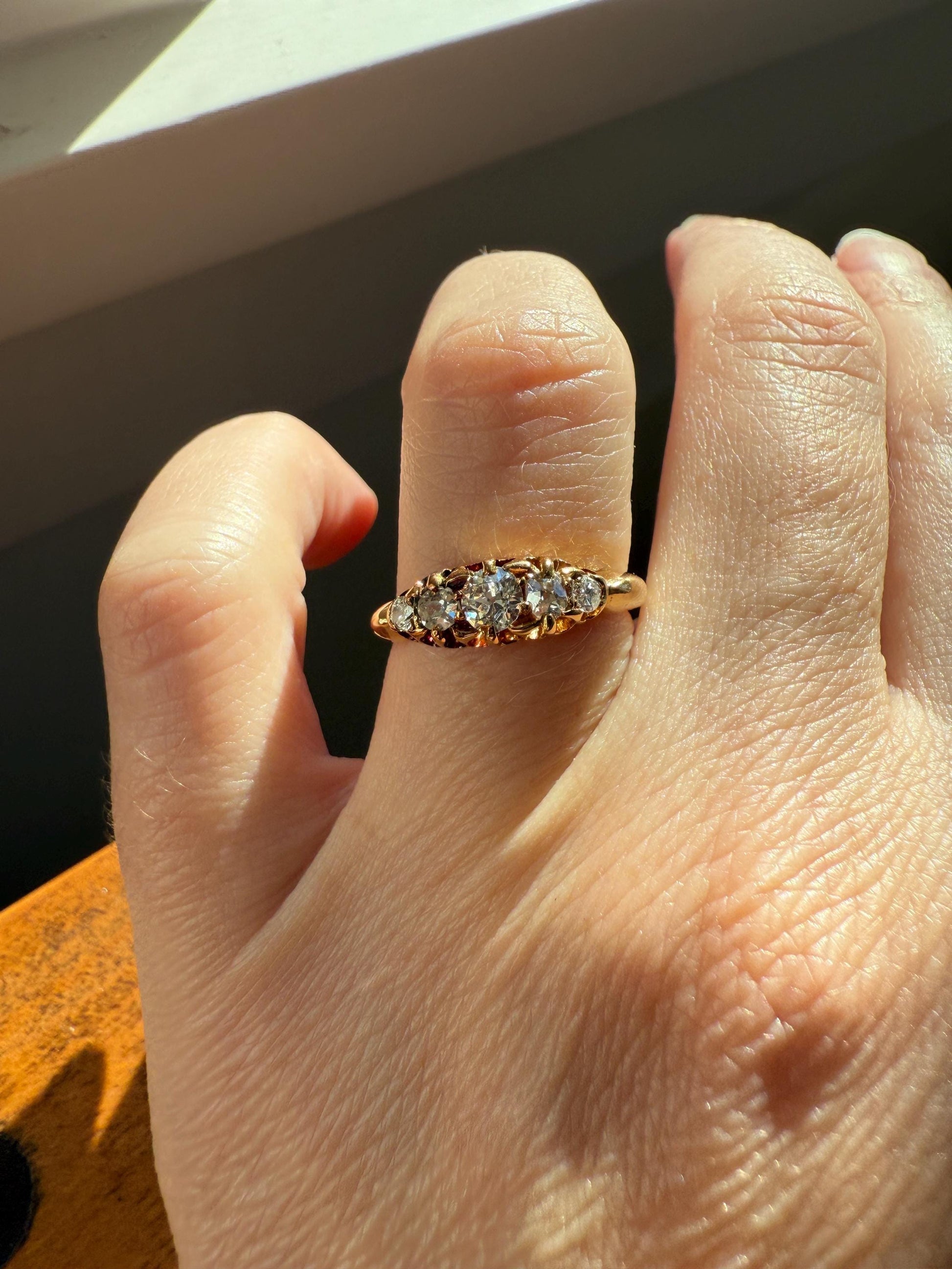 Five Stone Tapered c1889 Old Mine Cut Diamond ANTIQUE Band Ring .5 Carat Buttercup 18k GOLD Victorian Stacker Romantic Gift .5Ctw OMC