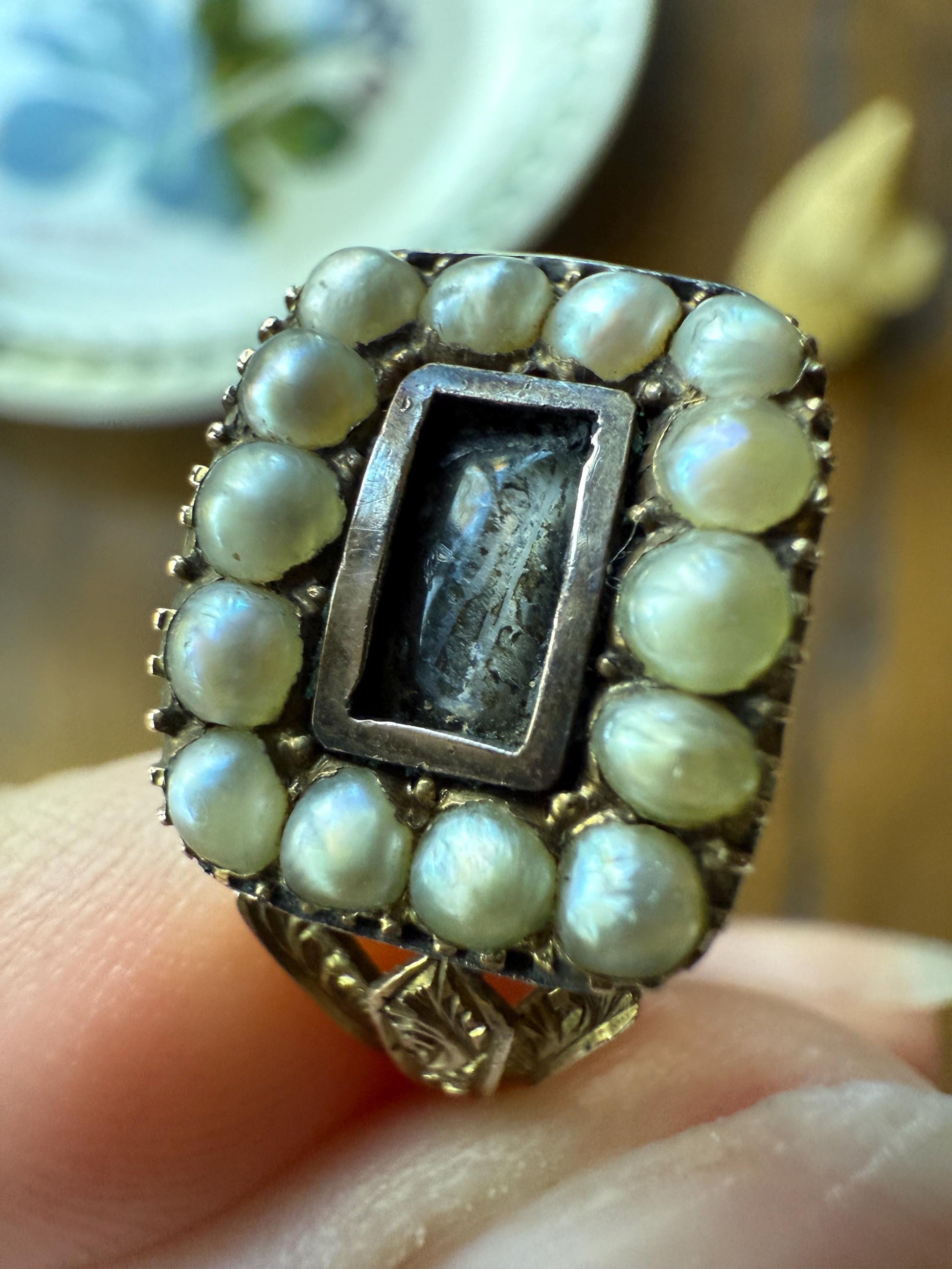 Pearl HALO Locket Ring Georgian Era Dated 1811 Engraved 10k Gold Sentimental Jewelry Gift Stacker