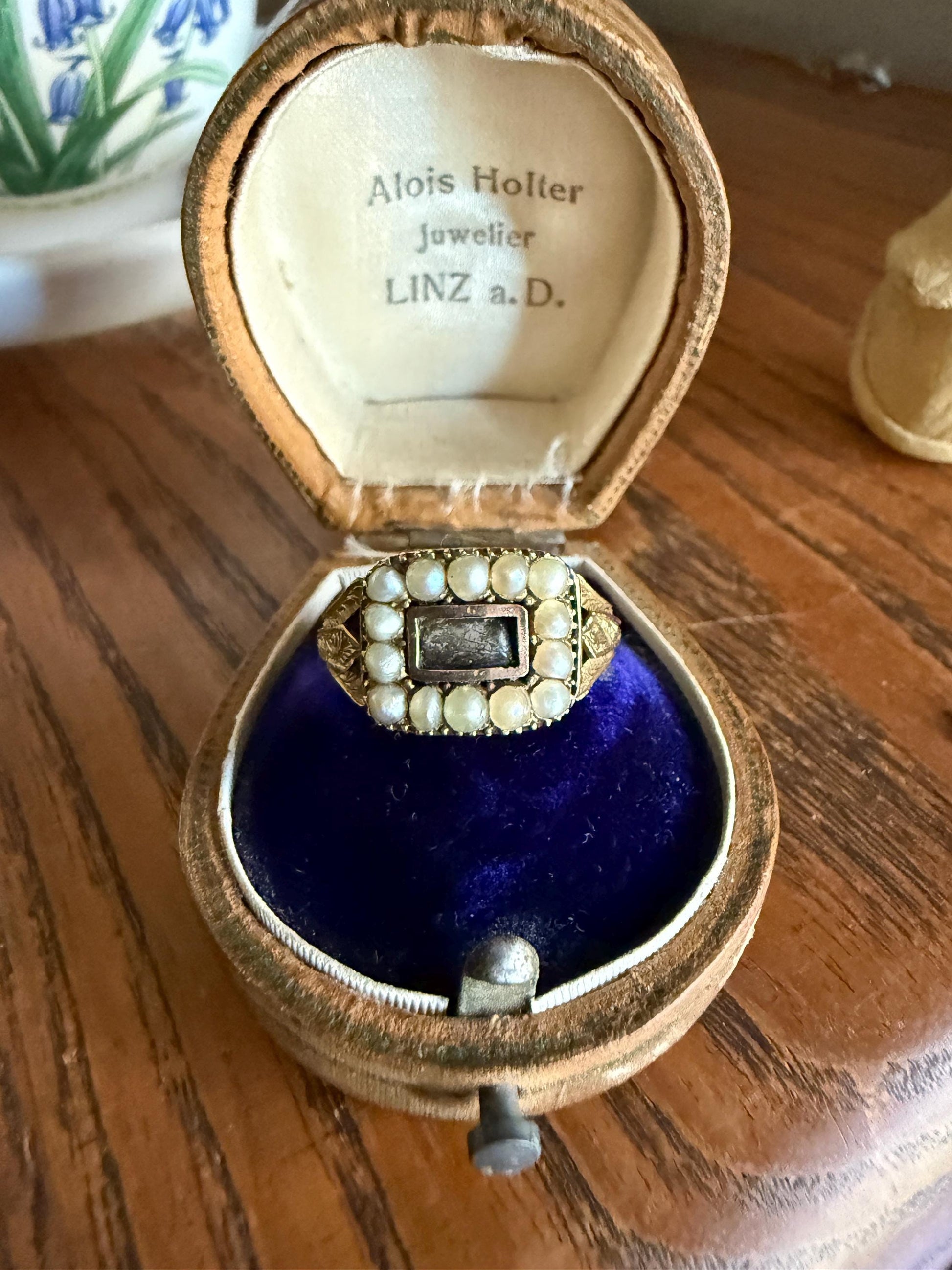 Pearl HALO Locket Ring Georgian Era Dated 1811 Engraved 10k Gold Sentimental Jewelry Gift Stacker