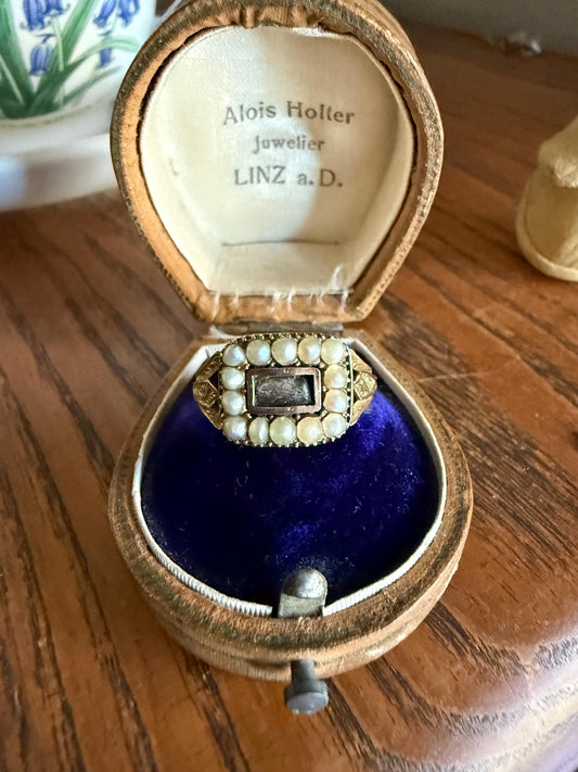 Pearl HALO Locket Ring Georgian Era Dated 1811 Engraved 10k Gold Sentimental Jewelry Gift Stacker