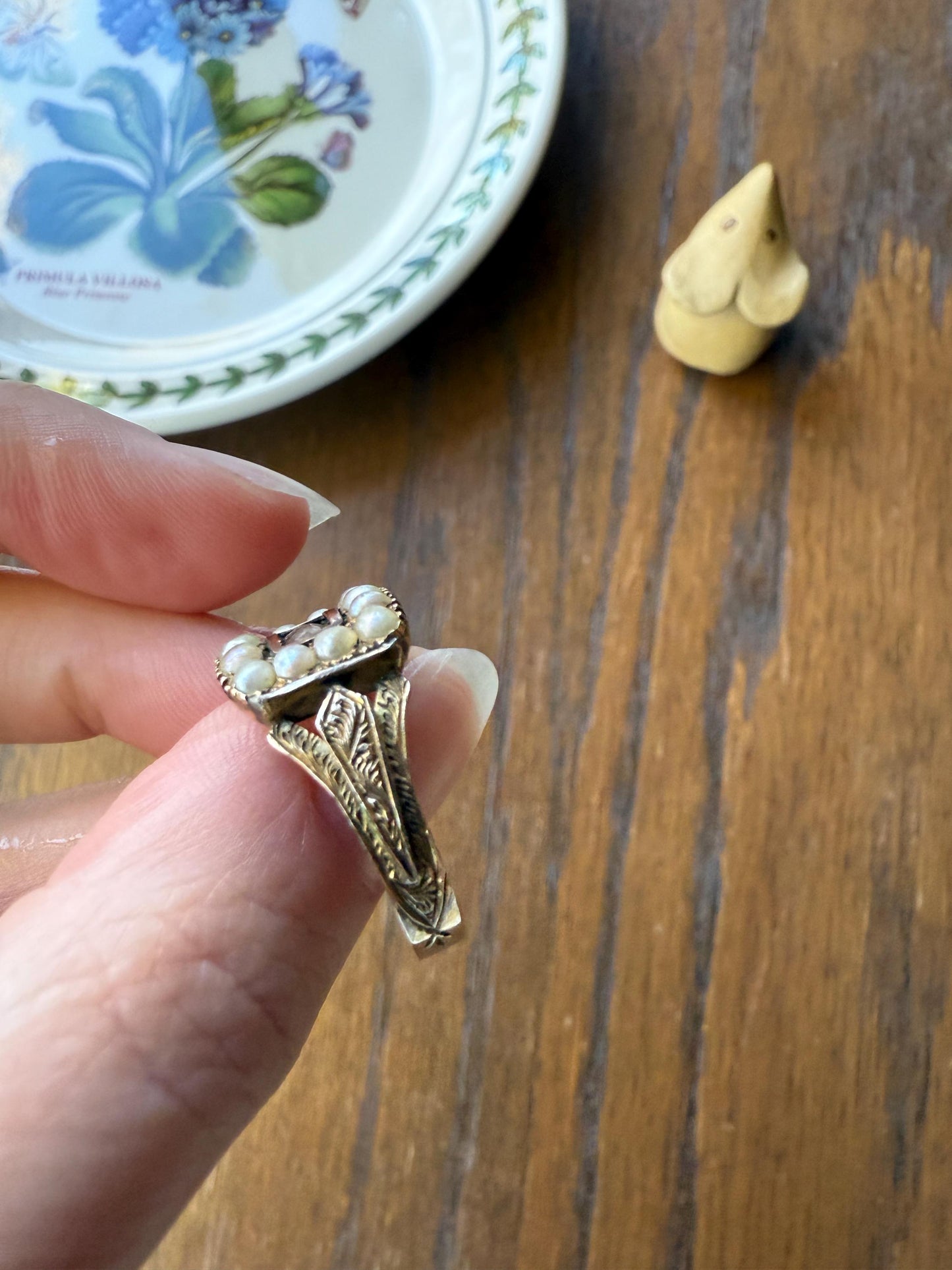 Pearl HALO Locket Ring Georgian Era Dated 1811 Engraved 10k Gold Sentimental Jewelry Gift Stacker