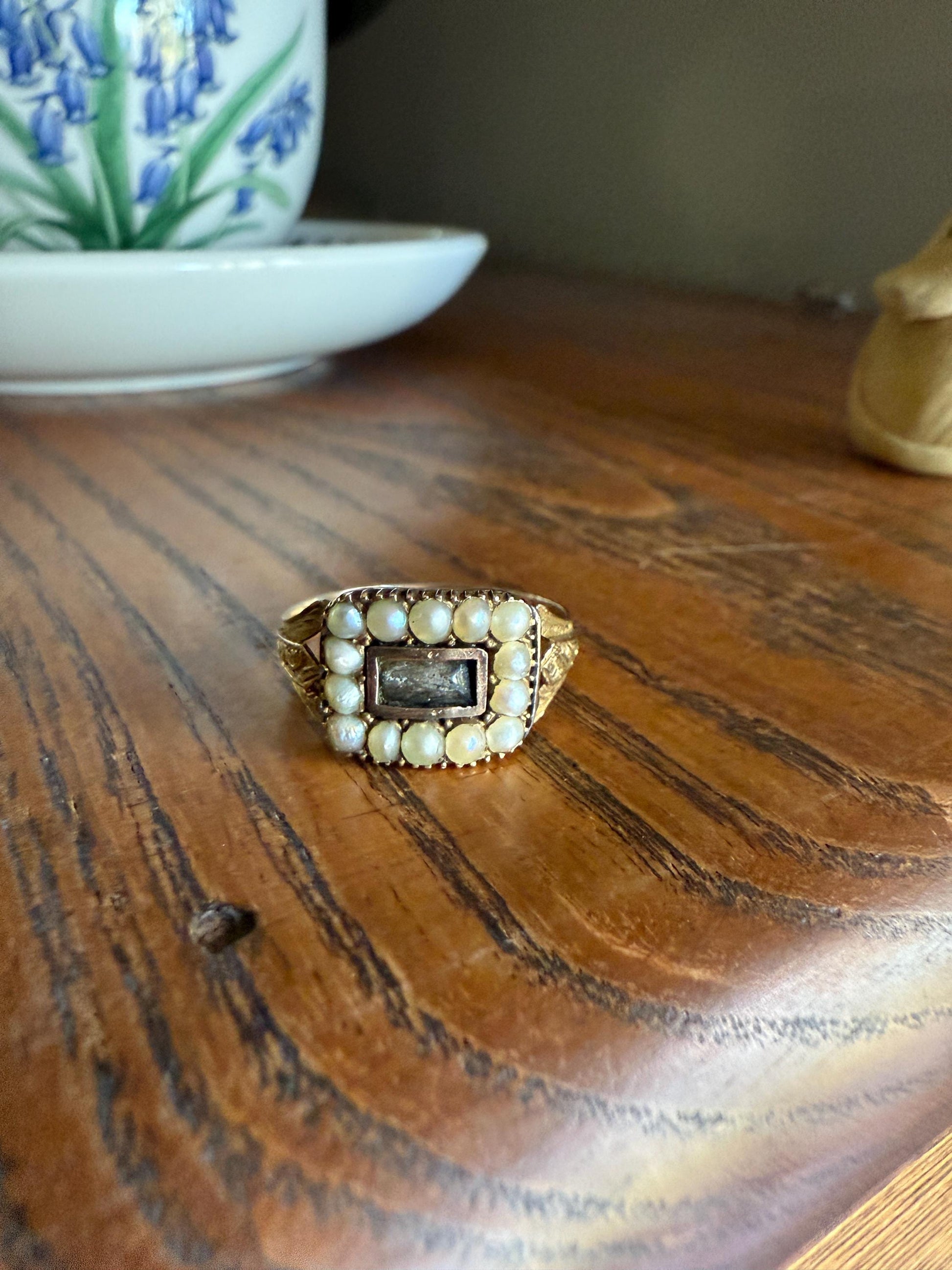 Pearl HALO Locket Ring Georgian Era Dated 1811 Engraved 10k Gold Sentimental Jewelry Gift Stacker