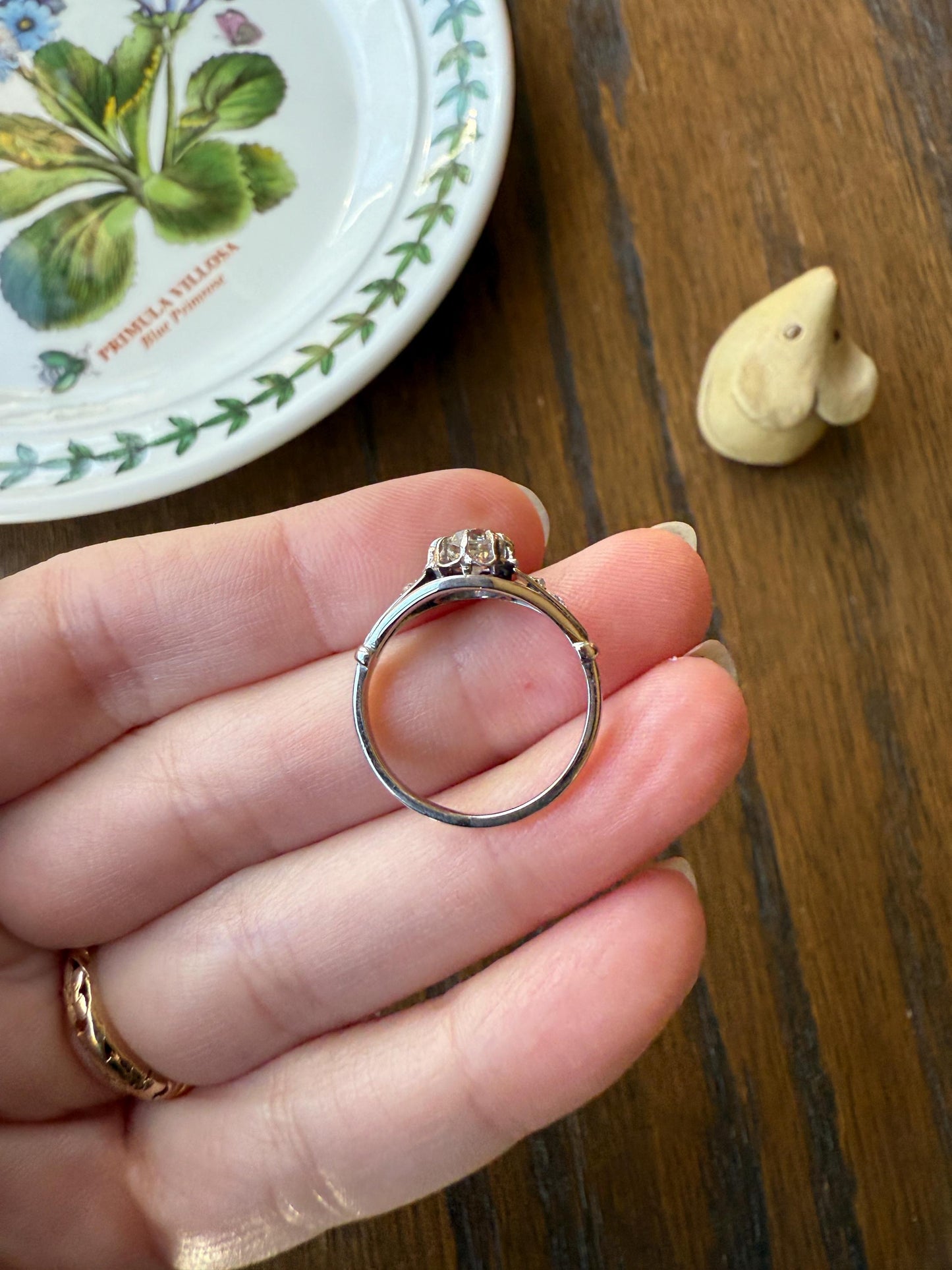 Antique Art Deco .68 Carat Old Mine Cut DIAMOND Solitaire w/ Accents Engagement Ring 18k White Gold Platinum Unique Stacker Romantic Gift