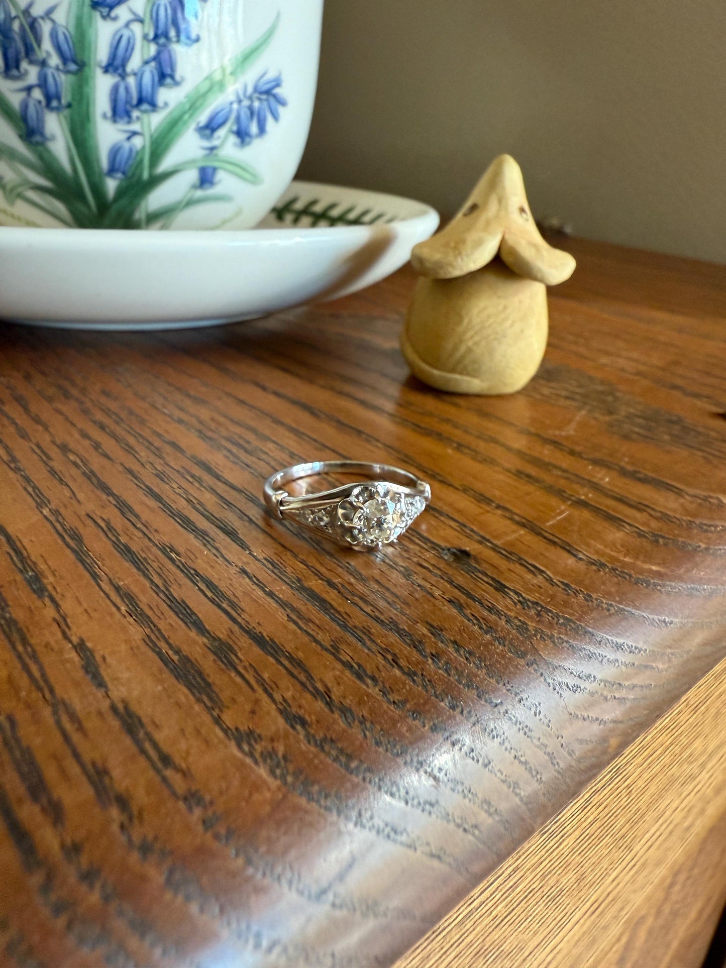 Antique Art Deco .68 Carat Old Mine Cut DIAMOND Solitaire w/ Accents Engagement Ring 18k White Gold Platinum Unique Stacker Romantic Gift