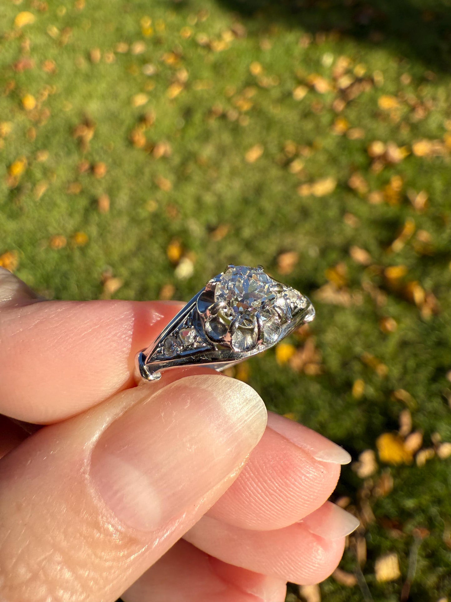 Antique Art Deco .68 Carat Old Mine Cut DIAMOND Solitaire w/ Accents Engagement Ring 18k White Gold Platinum Unique Stacker Romantic Gift