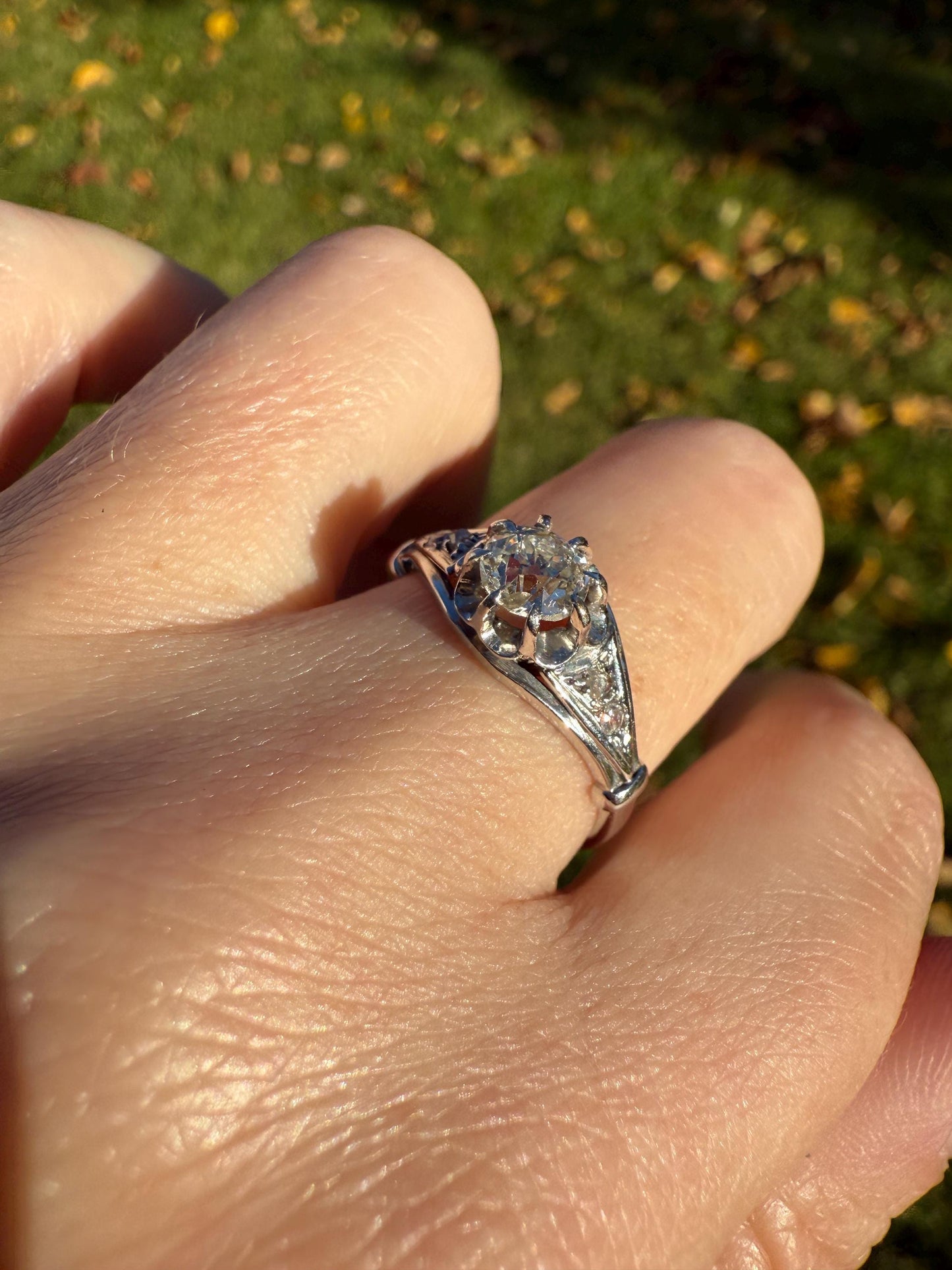 Antique Art Deco .68 Carat Old Mine Cut DIAMOND Solitaire w/ Accents Engagement Ring 18k White Gold Platinum Unique Stacker Romantic Gift