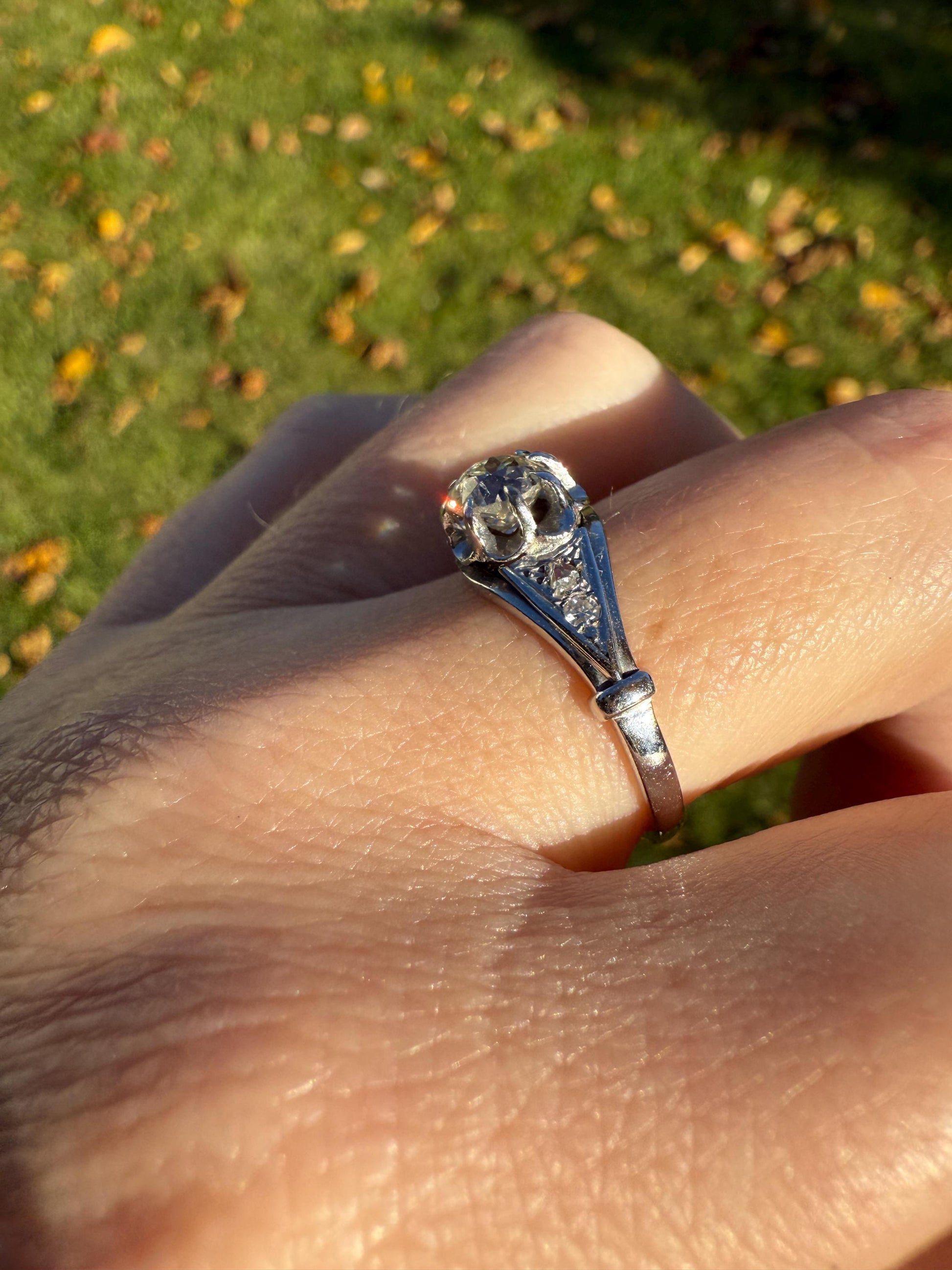 Antique Art Deco .68 Carat Old Mine Cut DIAMOND Solitaire w/ Accents Engagement Ring 18k White Gold Platinum Unique Stacker Romantic Gift